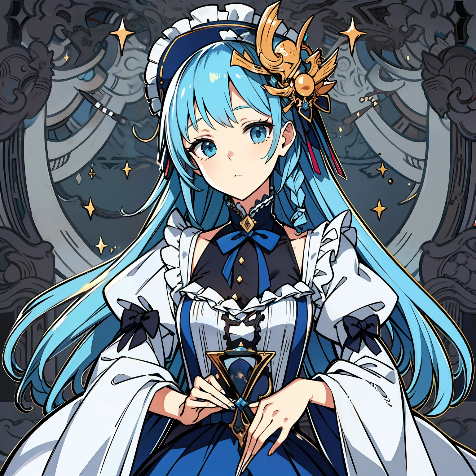 lightblue hair,Girl in Lolita style long dress,Petite physique,There are intricate and ornate decorative ribbons on the head,Her hair was tied into a princess braid,Wearing black Lolita,Wearing a gorgeous Ponet,One holds a blue ruler,The ruler radiates a dark blue flame-like magic outward,Magic wraps around like silk threads。Hold a small tailoring scissors in the other hand