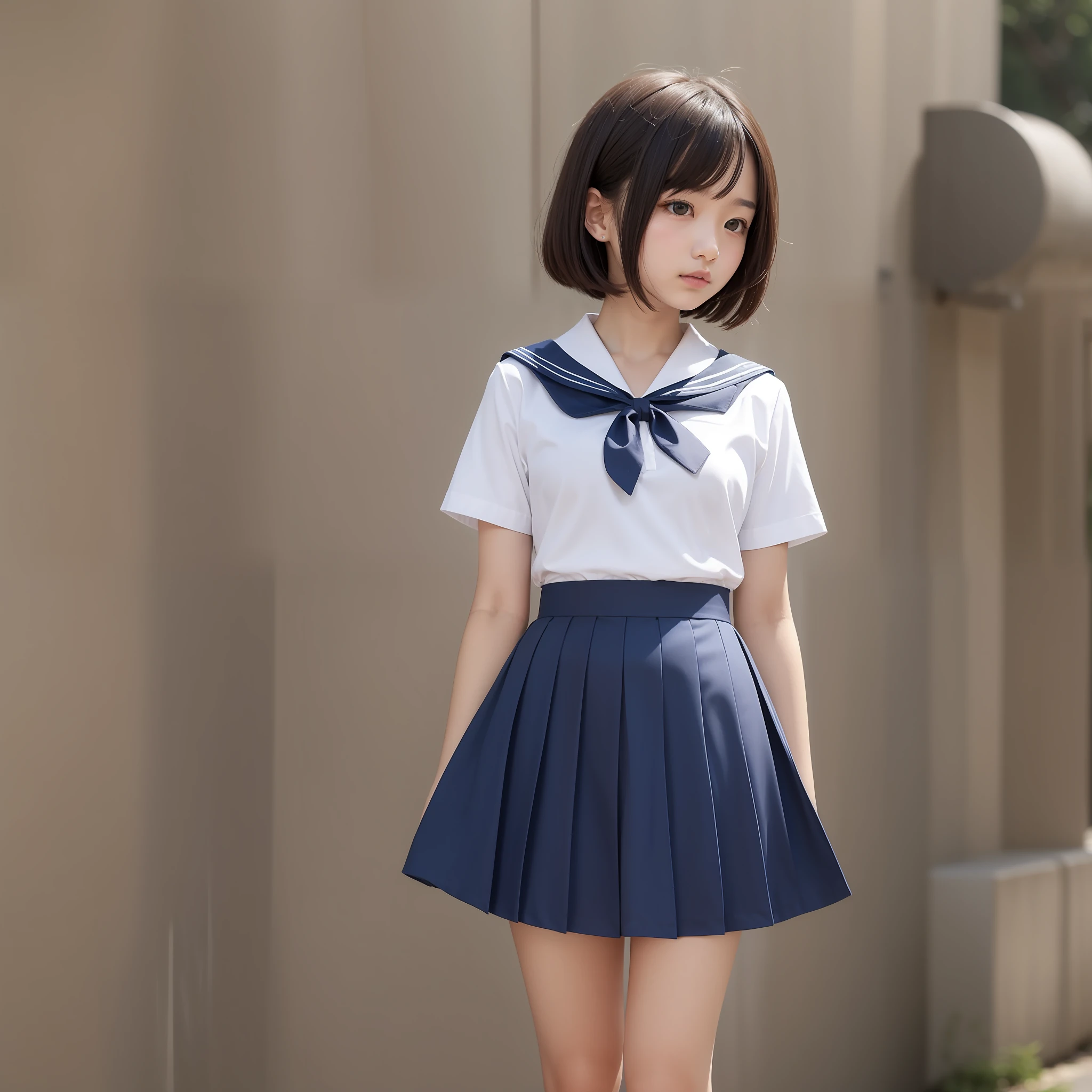 White short sleeve sailor uniform、Dark blue pleated skirt、A age girl、Top image quality、A dark-haired、Fluffy Bob