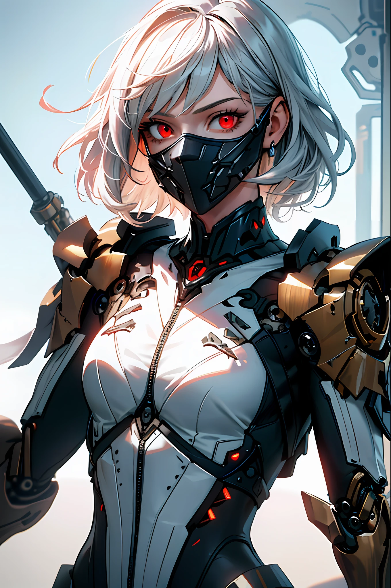 (masterpiece:1.2,high quality), 1girl, ((ultra realistic details)), global illumination, shadows, Dynamic Lighting, Unreal Engine, octane render, 8k, ultra sharp, metal, intricate, ornaments detailed, highly intricate details, red eyes, (mechanical body:1.2), white hair, (black mask), Gear, Apocalypse,