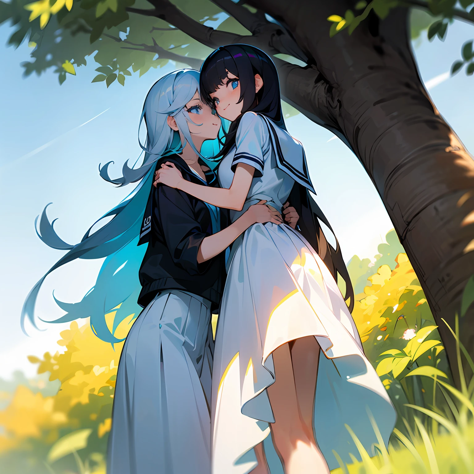 hi-school girl，cabelos preto e longos，Blue eyeballs，Youth and liveliness，ssmile，a white long skirt，The breeze ruffles long hair in the sun，Next to the tree，full bodyesbian，tmasterpiece --auto