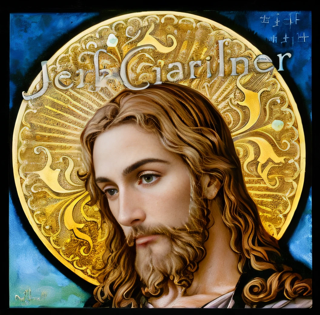 OilPaintStyle,colored glass,Jesus,Golden curly hair and slightly curly beard.