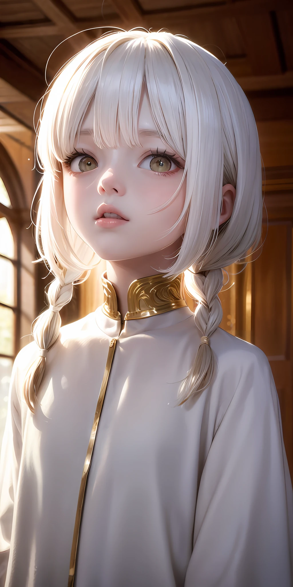 best quality, masterpiece,white hair, gold eyes,white clothes, looking up, upper body,hair strand,Fair skin,side braids