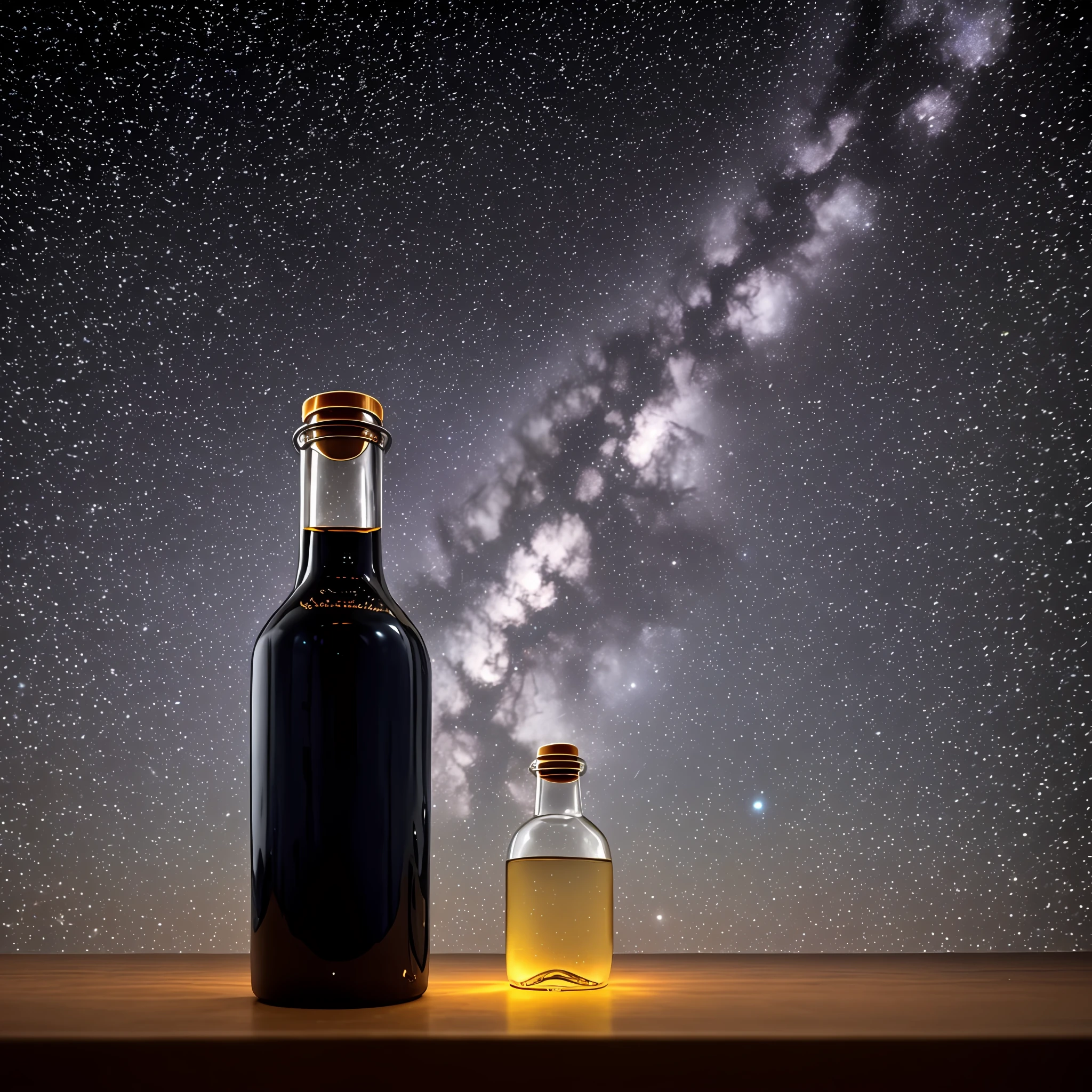 (galaxy in bottle:1.2), one empty bottle on table, gray wall on background, (yellow light on background:0.6), low angle, (intricate details:1.22), hdr, (intricate details, hyperdetailed:1.2), whole body, cinematic, intense, cinematic composition, cinematic lighting, (rim lighting:1.3), color grading, focused,