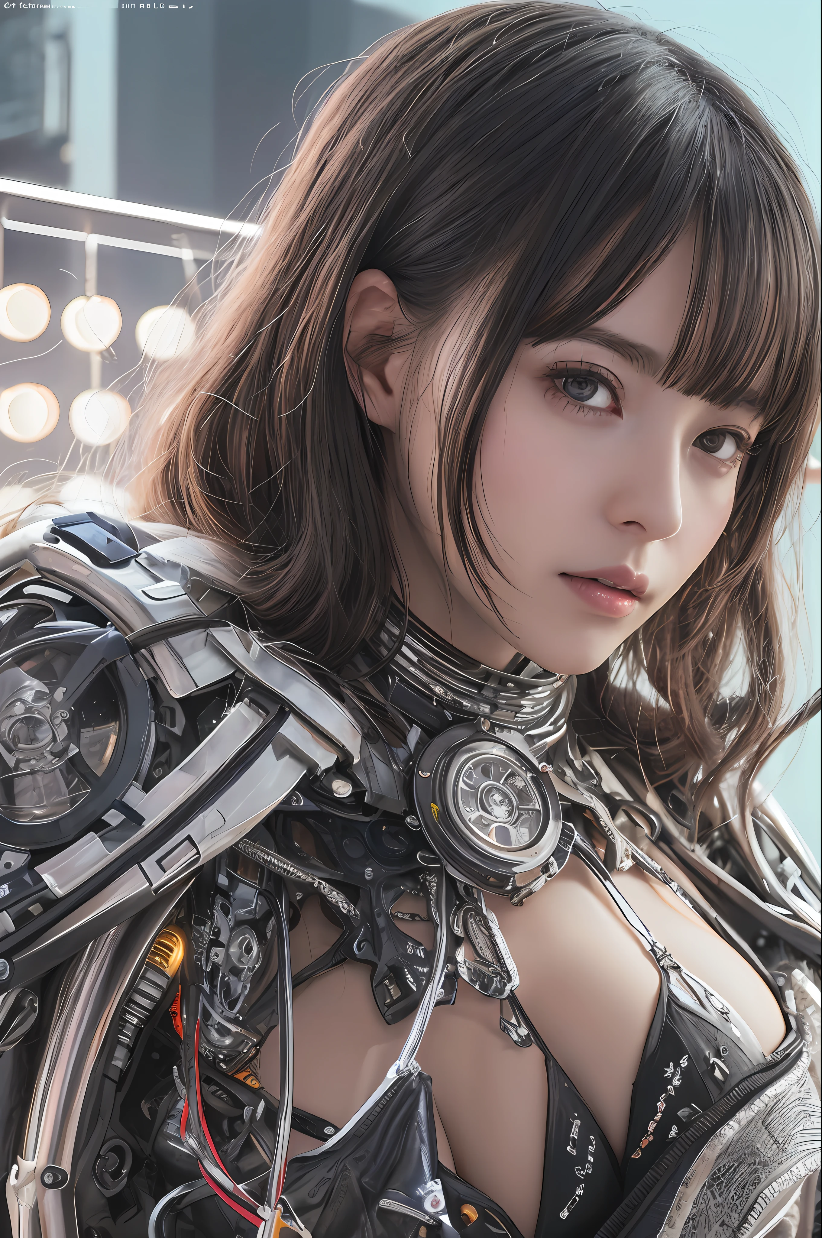 beste-Qualit、​masterpiece、Super-High Resolution、(photorealisitc:1.4)、Raw photo、女の子1人、Black hair、glowy skin、Sexy Cyberpunk Girl、((Ultra Realistic Detail))、portlate、Global Illumination、Shadow、octan render、in 8K、ultrasharp、hugetits、hugetits、((perfect chest:1.4))、((Very soft breasts))、hyperdetailed face、Raw skin is exposed in cleavage、Details of complex ornaments、Gothloli details、Glass Parts、Glass Tube、Glass cover、Fiberglass、Luminous tube、Nixie Kan、vacuum tubes、Analog Meter、highly intricate detail、Realistic light、CGSoation Trends、purple-eyed、radiant eyes、Facing the camera、neon details、Mechanical limbs、blood vessels connected to tubes、Mechanical vertebrae attached to the back、mechanical cervical attaching to neck、sitting on、Wires and cables connecting to the head、Small LED lamp、Cyberpunk Hotel、