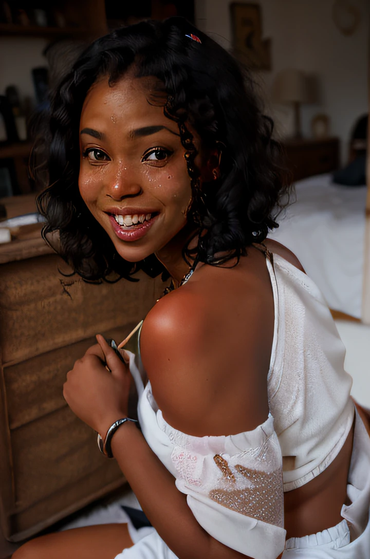 Masterpiece, RAW photography, dark skinned woman (laughing:0.8), sitting down, knees up, elbows bent, lit by sunlight, sleeveless shirt, long shorts, lens flare, DOF, blurry background, freckled skin, detailed skin, detailed face, box braids hairstyle