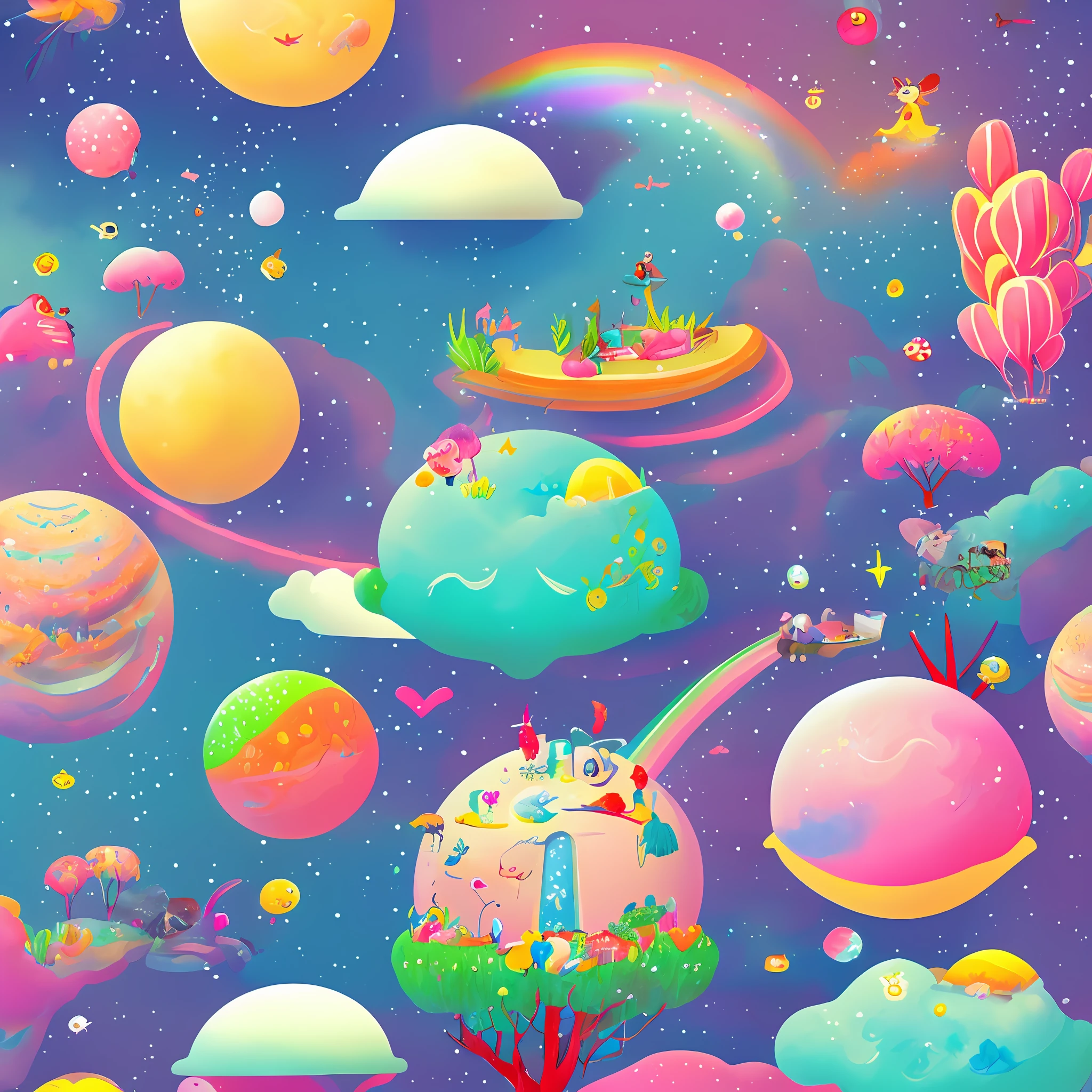 A wonderful happy fantasy planet with rainbows, cotton candy and cute animals