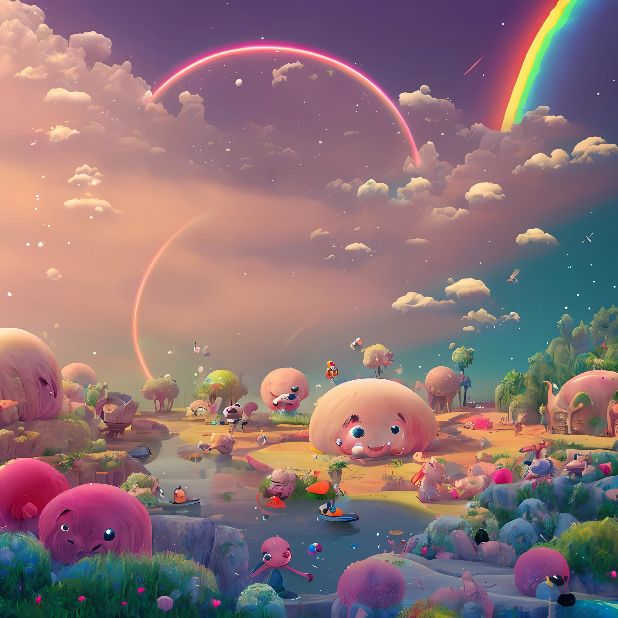 A wonderful happy fantasy planet with rainbows, cotton candy and cute animals