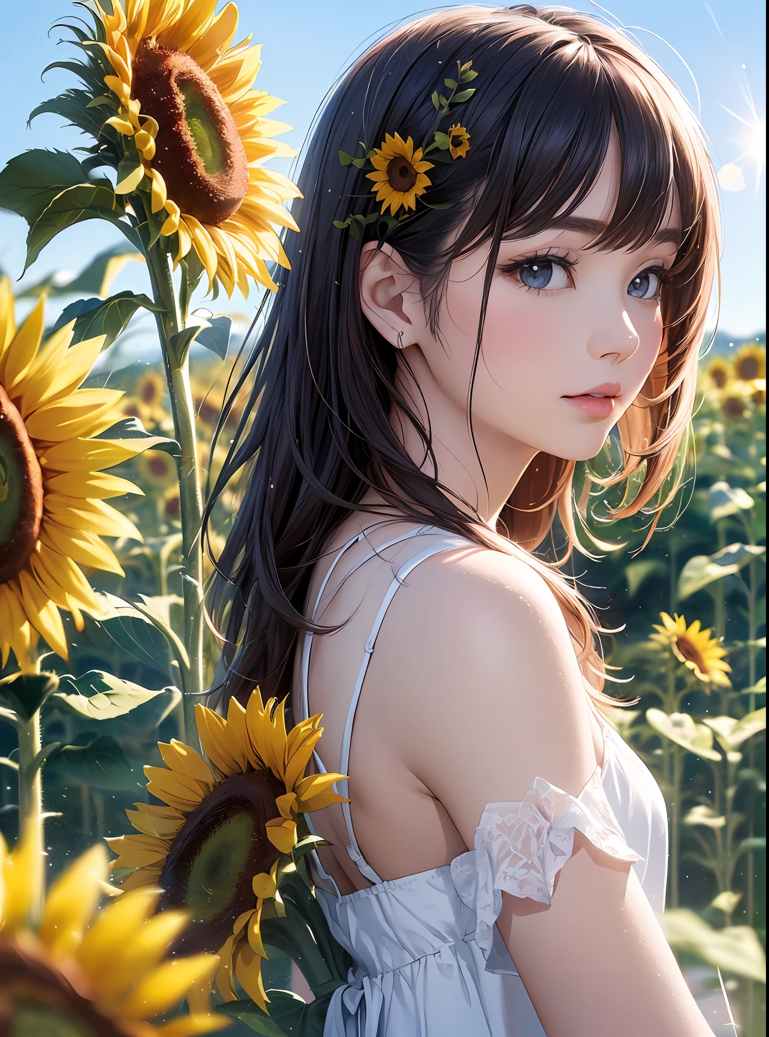 (beste-Qualit、in 8K、32K、​masterpiece、kfk:1.3)、(a photorealistic:1.4)、Photo of Pretty Japanese woman, hair adornments、is standing、Sleeveless white summer dress,　sunflowers fields、Sun glare,depth of fields,blurry backround,lensflare,Sunflower background、blue-sky