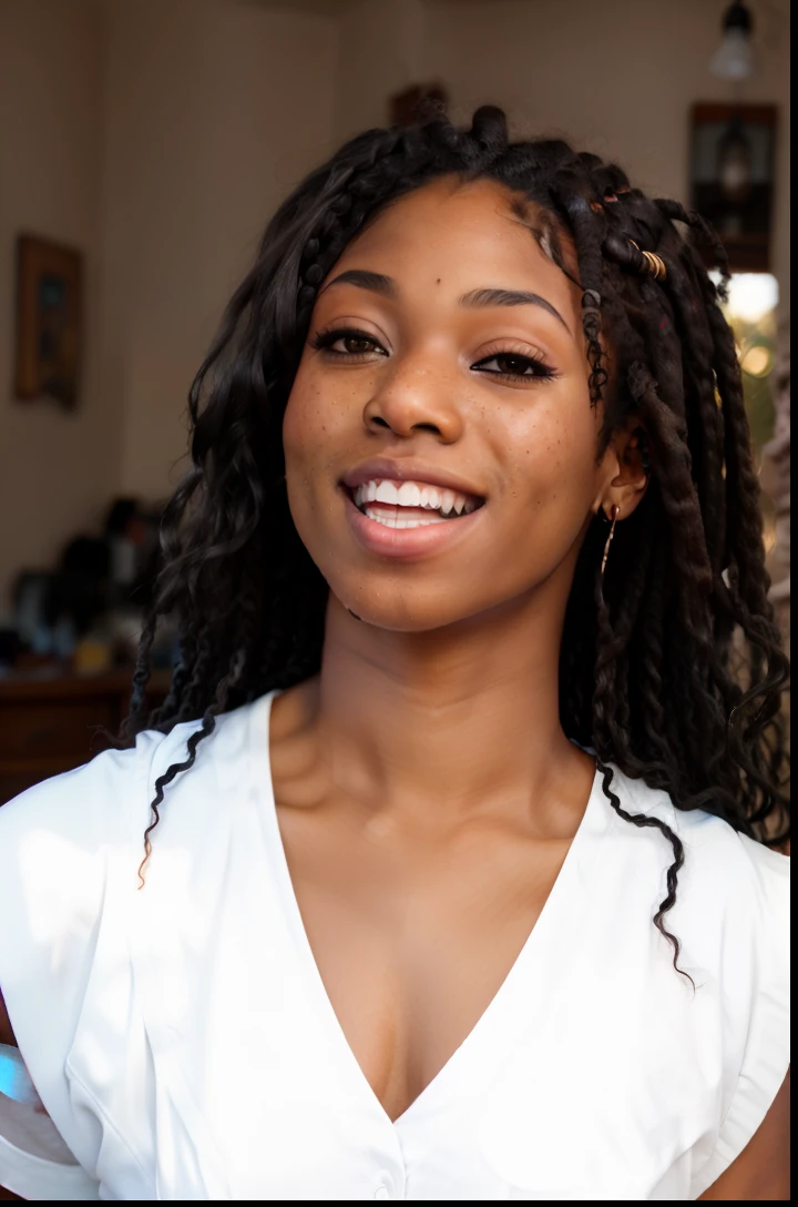 Masterpiece, RAW photography, dark skinned woman (laughing:0.8), sitting down, knees up, elbows bent, lit by sunlight, sleeveless shirt, long shorts, lens flare, DOF, blurry background, freckled skin, detailed skin, detailed face, box braids hairstyle