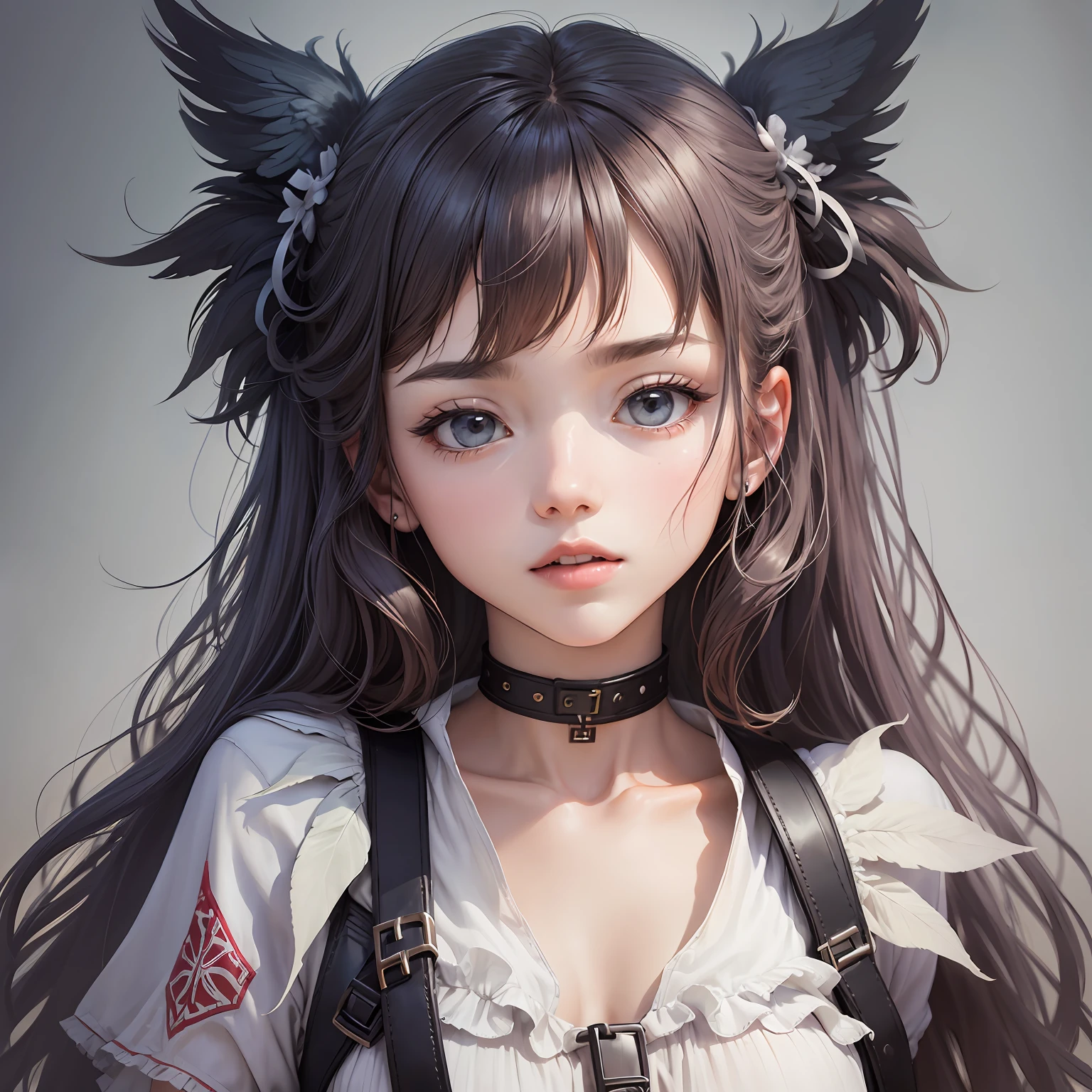black hair, hair bobbles, longeyelashes, solid circle eyes, fake animal ears, ear blush, ahoge, light blue hair, ponytail, maid headdress, nurse cap, crown, hairpin, facepaint, jewelry, hair bobbles, heart-shaped pupils, raised eyebrows, hollow eyes, gradient eyes, fox ears, light smile, Surrealism, drop shadow, anaglyph, stereogram, tachi-e, pov, atmospheric perspective, ccurate, masterpiece, 16k --auto