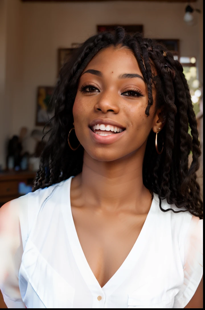 Masterpiece, RAW photography, dark skinned woman (laughing:0.8), sitting down, knees up, elbows bent, lit by sunlight, sleeveless shirt, long shorts, lens flare, DOF, blurry background, freckled skin, detailed skin, detailed face, box braids hairstyle