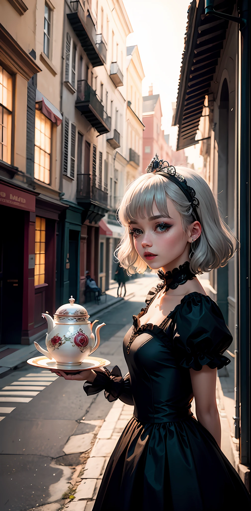 Princess afternoon tea on the street noon, silver hair, colored inner hair, gradient_eyes, longeyelashes, happy, Surrealism, Futurism, rococo style, chiaroscuro, cinematic lighting, ray tracing, high quality, super detail, highres, best quality, masterpiece, ccurate, UHD