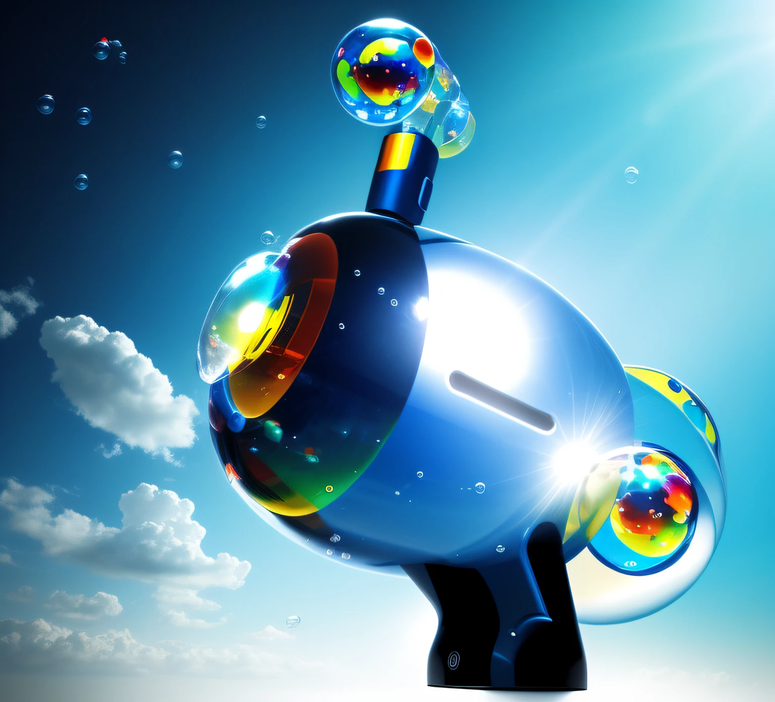 Renderings of a bubble machine,Fantastic background,Clouds,(Buble),circular decoration,Harmonious color matching,Colors that children love,Randomly distributed bubbles,Bubbles of various sizes,Full of pictures