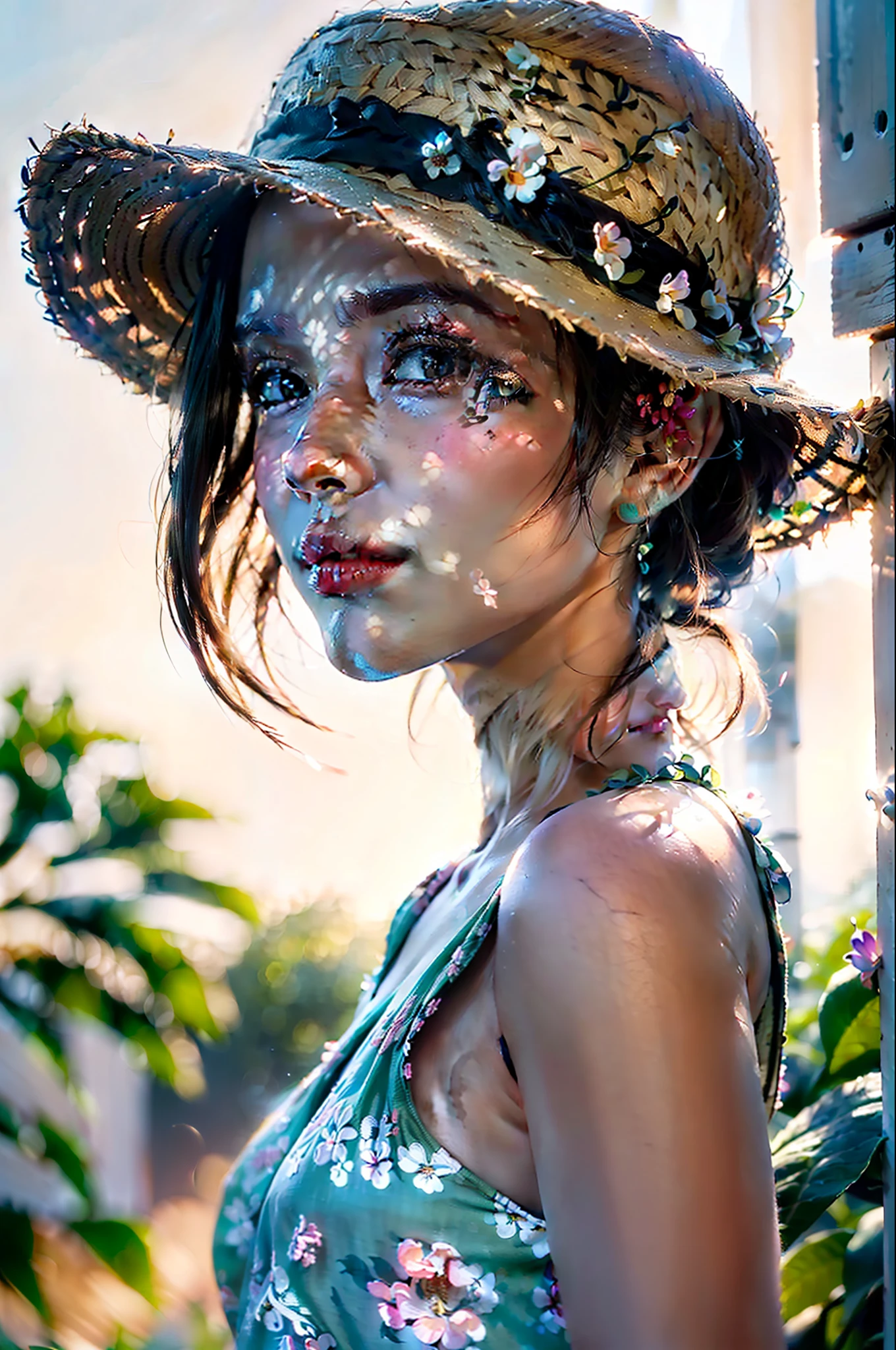 (extreme close up:1.5), (face focus:2),(Style of ???? ???:1.5),
((side face:2)),(1girl surrounded by soft_light:1.5), (backlighting:1.8), (lighting),(flowing fabric:1.3), ((Floral_summer_dress:1.5),(Straw_hat:1.3)),
(masterpiece), realistic, HDR, highly detailed, 8k, raw photo,
ambient occlusion, natural, harmonious composition, warm tones, fine art photography,