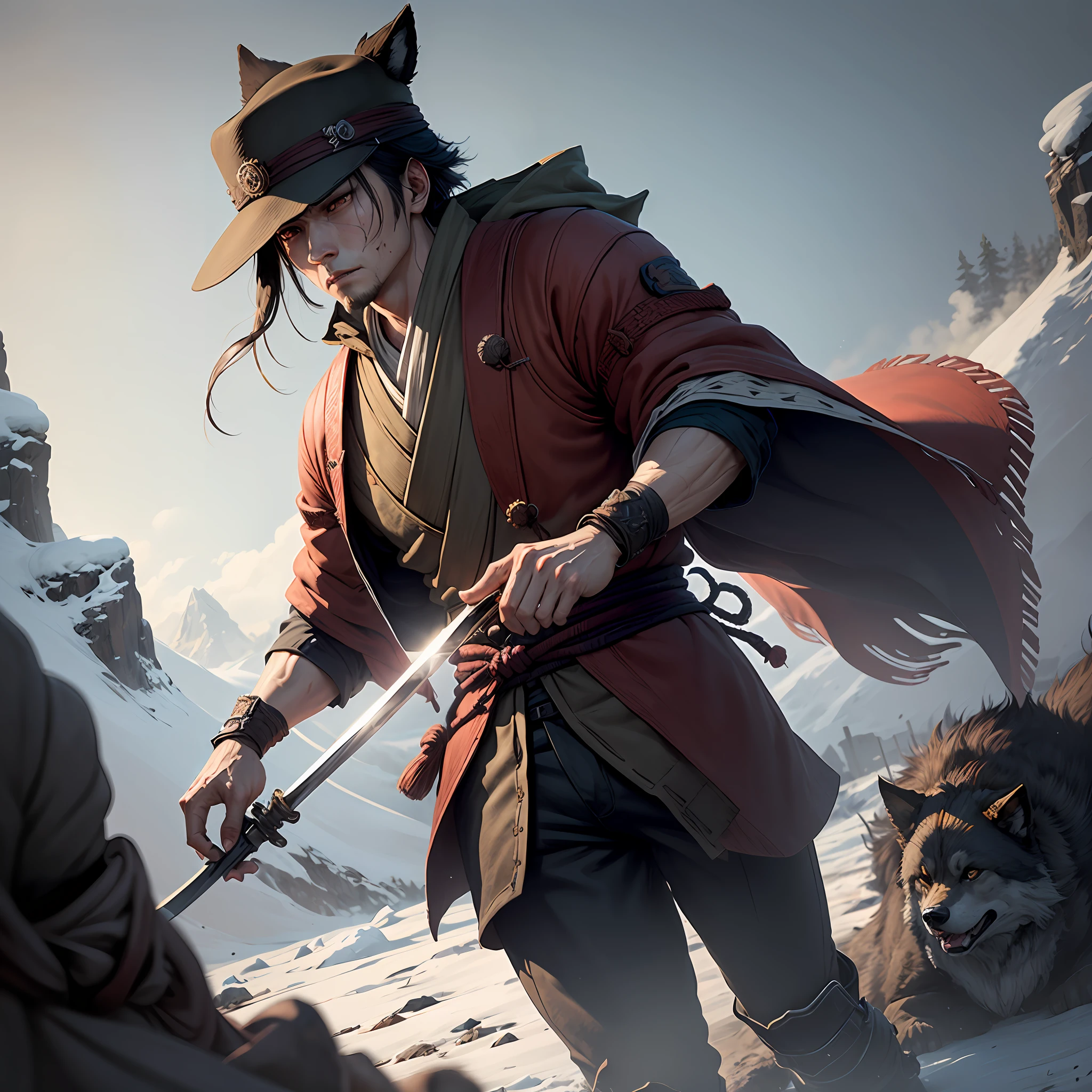 Obra-prima personagem Lobo do jogo Sekiro segurando uma espada de sangue em um ambiente nas montanhas. Hyper qualities hyper illumination, hiper sombreamento. --auto