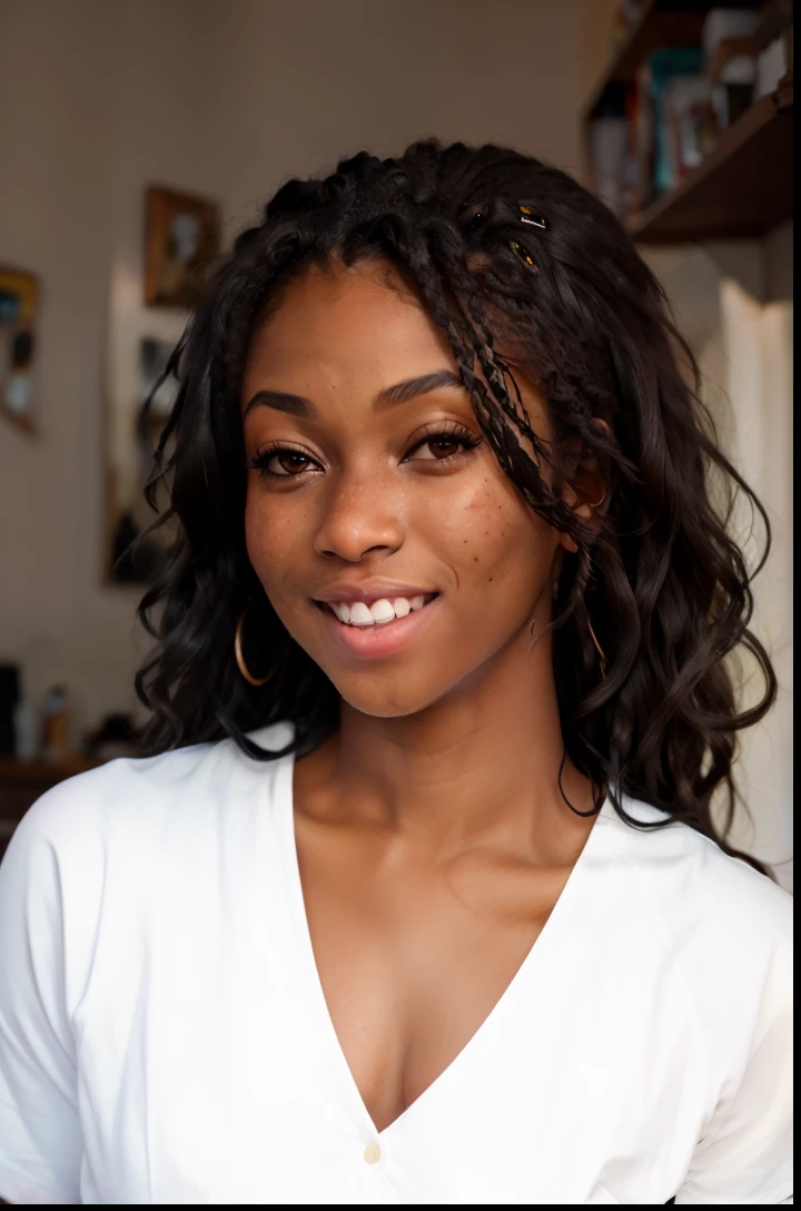 Masterpiece, RAW photography, dark skinned woman (laughing:0.8), sitting down, knees up, elbows bent, lit by sunlight, sleeveless shirt, long shorts, lens flare, DOF, blurry background, freckled skin, detailed skin, detailed face, box braids hairstyle