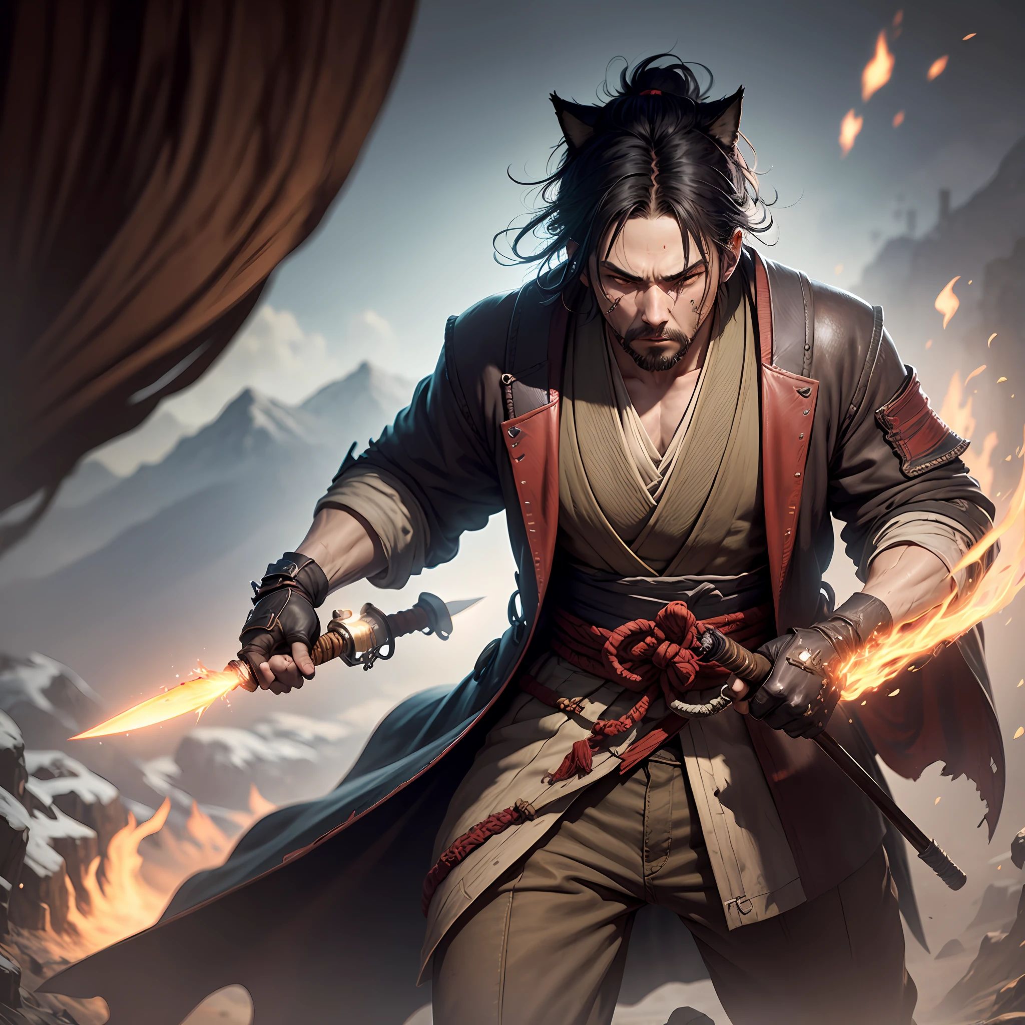Obra-prima personagem Lobo do jogo Sekiro segurando uma espada de sangue em um ambiente nas montanhas. Hyper qualities hyper illumination, hiper sombreamento. --auto