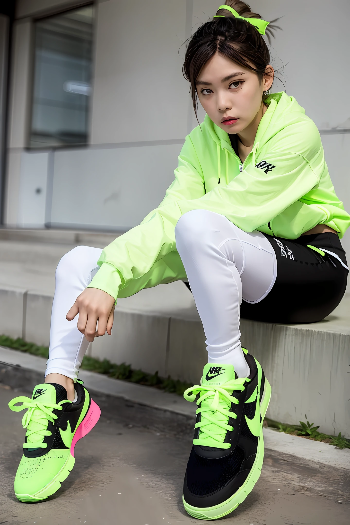 One was wearing black shorts、sport leggings、White tracksocks wrapped around cuffs and fluorescent green Nike sneakers for female zombies