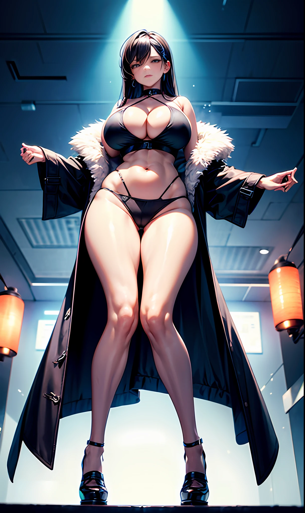 best quailty,8K,perfect figure beautiful woman,Ten head body,Upper and lower body ratio 1:2.5,Black briefs,Long straight hair,Smooth skin,large- titsjob,Gigantic big tits,gigantic cleavage breasts,gargantuan boobs,SFW Big,Smooth skin,Super huge breasts,Huge outrageous,Keep the original clothing,Gigantic big tits,gigantic cleavage breasts,gargantuan boobs,SFW Big,Smooth skin,White skin,HighestQuali,Keep the original clothing,Gigantic big tits,gigantic cleavage breasts,gargantuan boobs,SFW Big,Smooth skin,Super huge breasts,Huge outrageous,Keep the original clothing,Gigantic big tits,gigantic cleavage breasts,gargantuan boobs,SFW Big,Smooth skin,White skin,HighestQuali,uncovered shoulders,Long legs,The upper to lower body ratio is 1:2.5,Cocked buttocks,Wide perspective,Full body photo,The whole body is exposed,Large coat,The coat is open,The coat does not cover the torso,Open navel,Small man's waist,Smooth skin,Bare waist,SFW small man's waist,Long legs,Smooth skin,extra long leg,Female legs,Perfect leg shape,SFW long legs,White skin,Smooth skin,Nightclub Queen,Nightclub,Girly facial features,Young face,Exposed clothing,Sexy dressing,Small thin waist,Long legs,Thin leg,full bodyesbian,The whole body is exposed,White running shoes,Delicate facial features,Delicate facial features,Clear facial features。Prohibited from appearing:Breast milk,Less milk,Multiple limbs,Does not conform to perspective,The action is strange,Does not conform to the anatomy of the human body,NSFW,thick-waisted,Asymmetrical eyes,Strange facial features