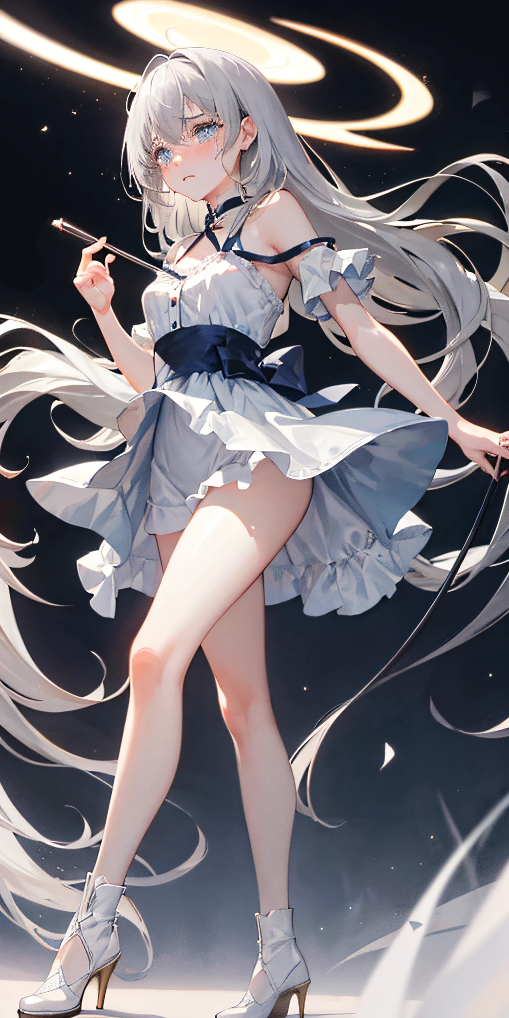 Eyes with tears,Long gray hair,delicate leg,Softly glowing milky skin,Stand up,Long gray hair