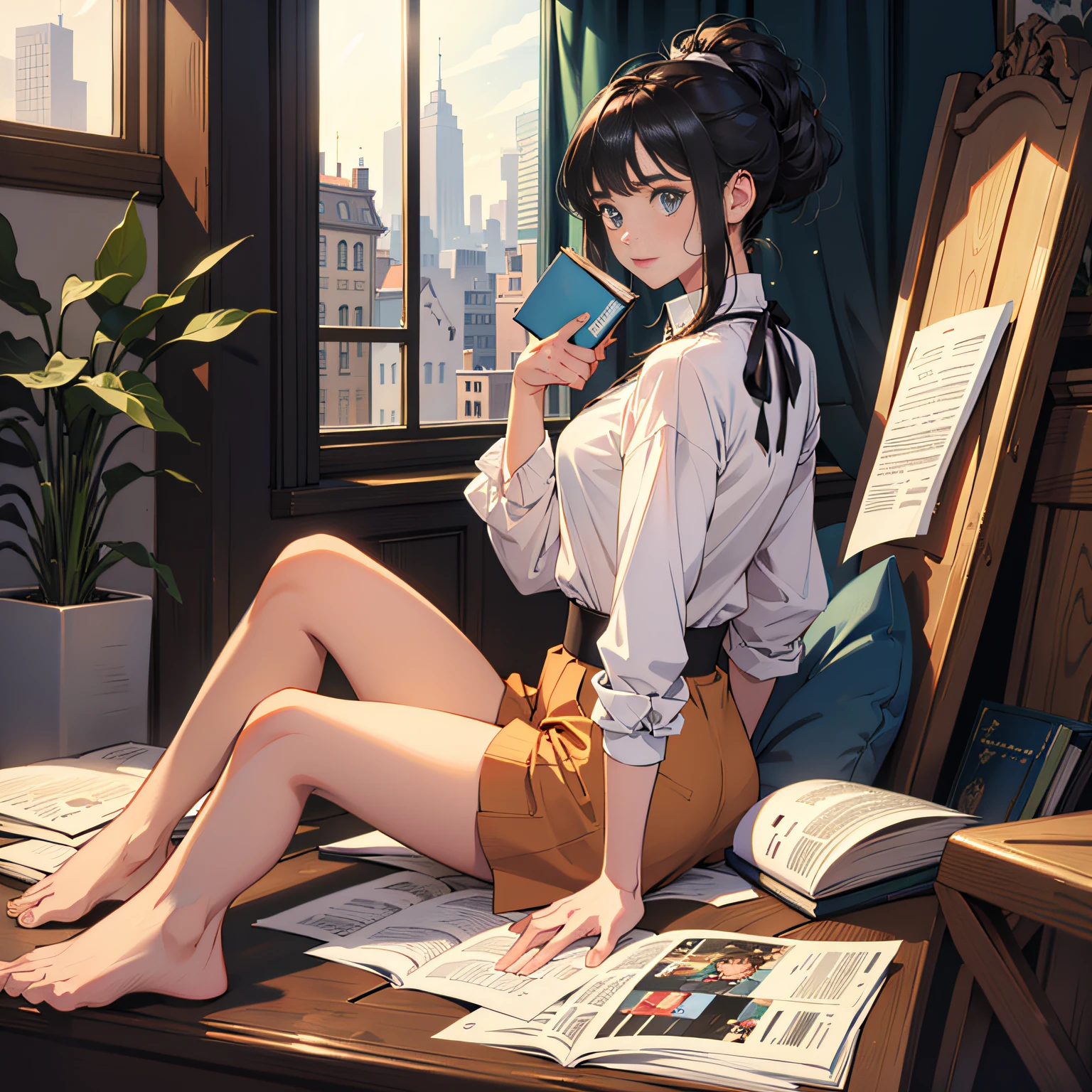 There was a woman sitting at the table，holding laptop, thighhighs and skirt, black lence stockings，gorgeous chinese models, Korean girl, Japanese goddess, Beautiful Asian Girls, Chinese Girl, Attractive pose, Asian girl, Young Asian girl, Japanese model, pretty face with arms and legs, Gorgeous young Korean woman, trending on cgstation, Sexy pose, sat at her desk, Sexy woman with long legs posing in the woods,  wlop glossy skin --auto