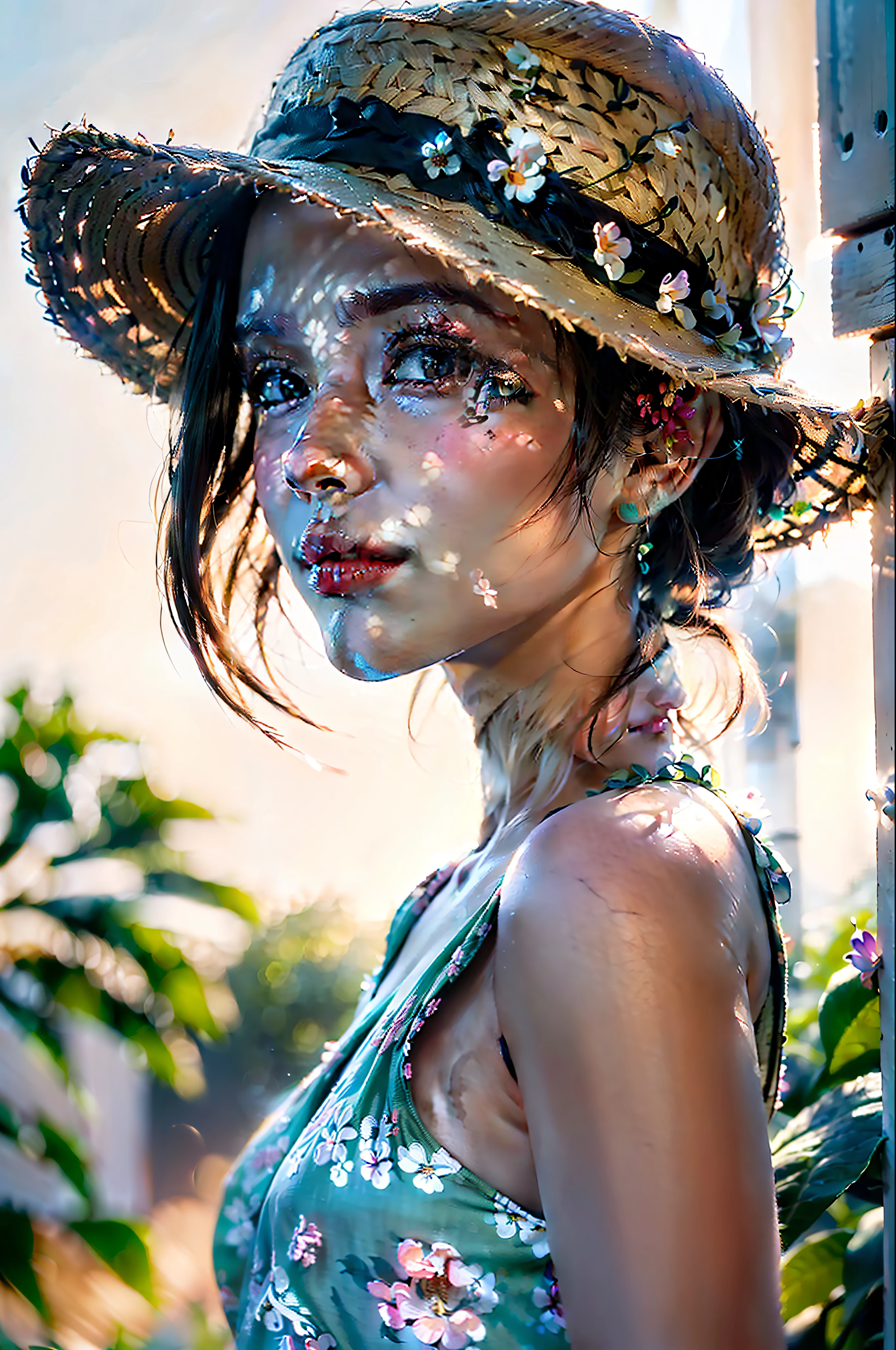 (extreme close up:1.5), (face focus:2),(Style of ???? ???:1.5),
((side face:2)),(1girl surrounded by soft_light:1.5), (backlighting:1.8), (lighting),(flowing fabric:1.3), ((Floral_summer_dress:1.5),(Straw_hat:1.3)),
(masterpiece), realistic, HDR, highly detailed, 8k, raw photo,
ambient occlusion, natural, harmonious composition, warm tones, fine art photography,