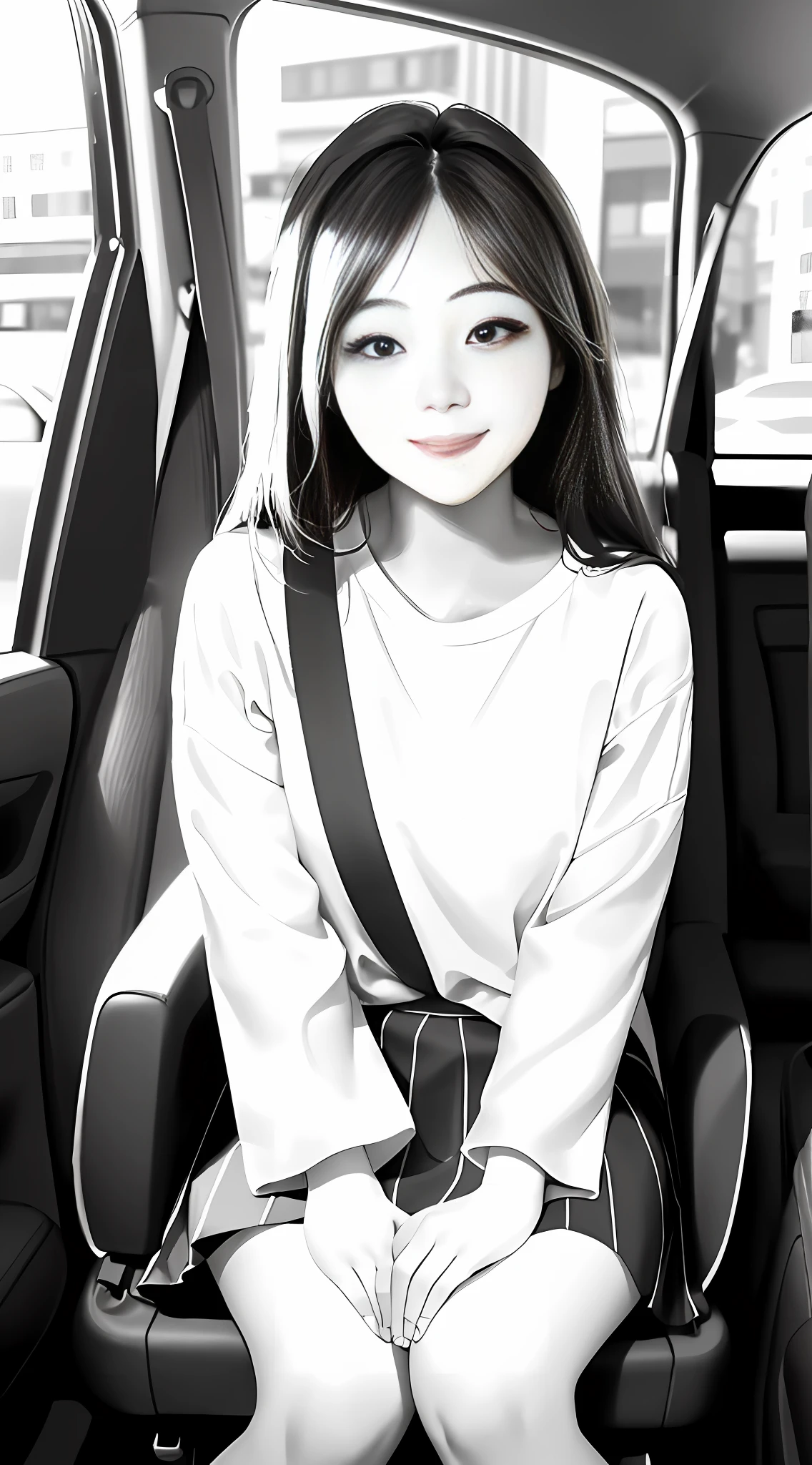 ((A warm masterpiece))，High picture quality，Warm colors for natural light，20-year-old plump girl，Wear a simple white T-shirt and a short vertical striped skirt，The bottom of the skirt is slightly above the knee，With a smile，Young beautiful and cute woman in Korea，IU，Realistic hand drawing，The interior is seated in the passenger seat on the side of the middle view。