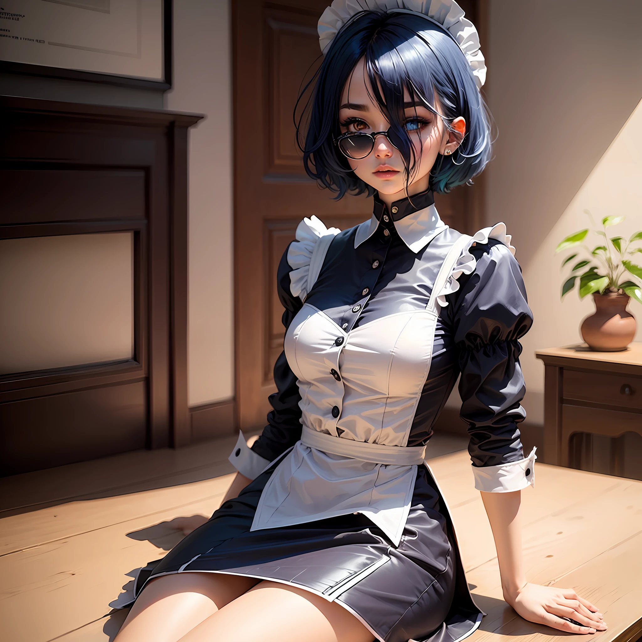 teens girl，Beth，blue  hair，Bangs cover one eye，blue color eyes，short haircut，the maid outfit --auto
