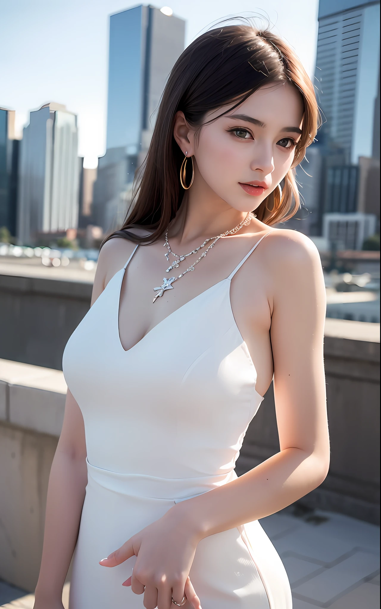 Turbulent posture, (very delicate and beautiful work), (masterpiece), 1girl, girl in a long white dress with transparent skin, high definition, ridiculous, charming expression, beautiful clear eyes, green eyes, brown hair, delicate necklace, delicate earrings, simple background blur, ultra-fine description, beautiful, attractive, ultra-fine picture, delicate face, delicate figure, thin collarbone, lovely lips, beauty big, soft back, mix4, (8k, RAW photos, top quality), masterpieces: 1.2), (realistic, photorealistic: 1.37), one girl, viewer's perspective, cute, pretension, ! cityscape, night, professional lighting, photon mapping, radiosity, physically based rendering,