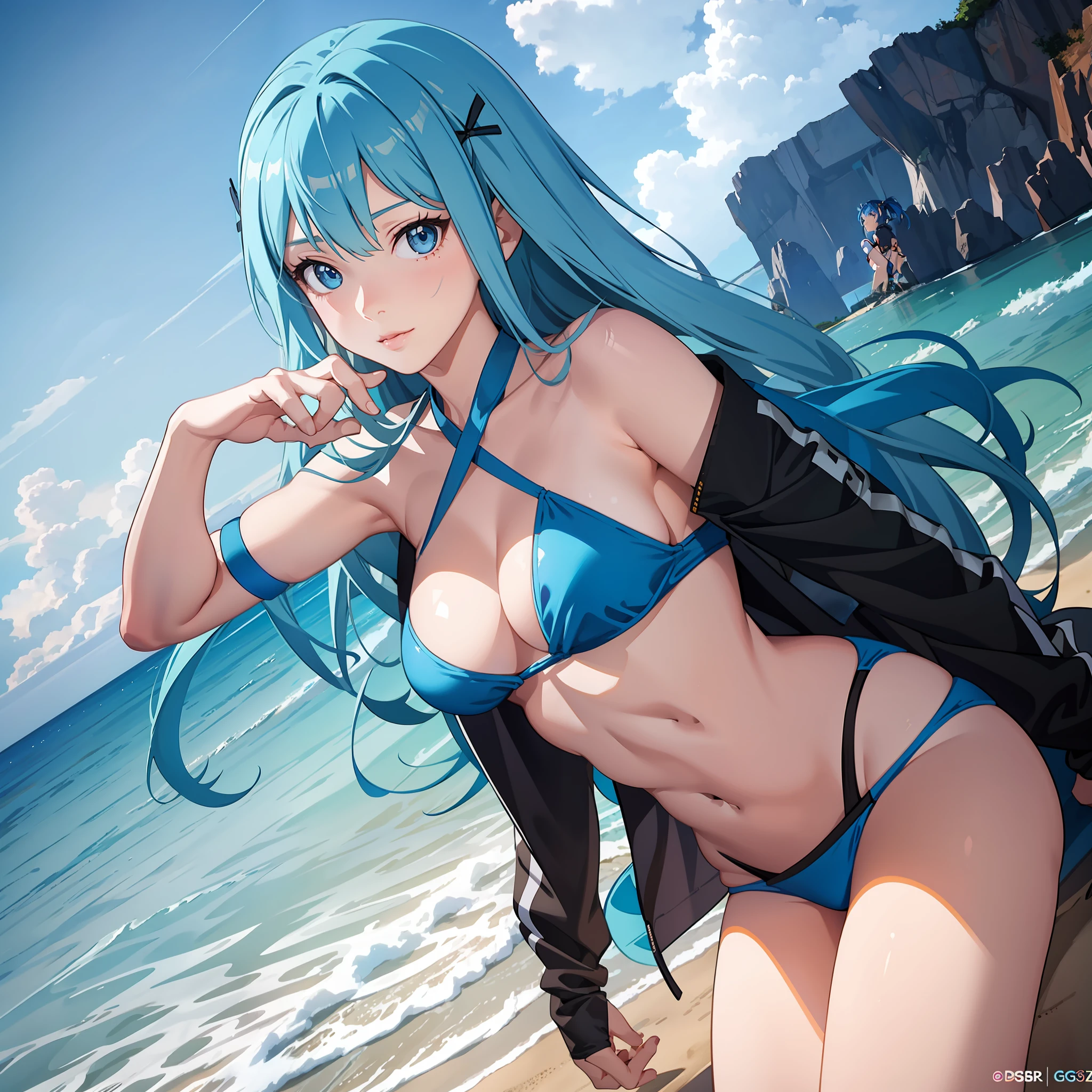 anime girl with blue hair and blue eyes posing on the beach, seductive anime girls, Digital anime art, realistic bikini, Smooth anime CG art, advanced digital anime art, 3 d anime realistic, Extremely detailed Artgerm, Deviantart ArtStation CGSCOSIETY, Guviz-style artwork, Detailed digital anime art, beautiful and seductive anime woman,Sexy nudity