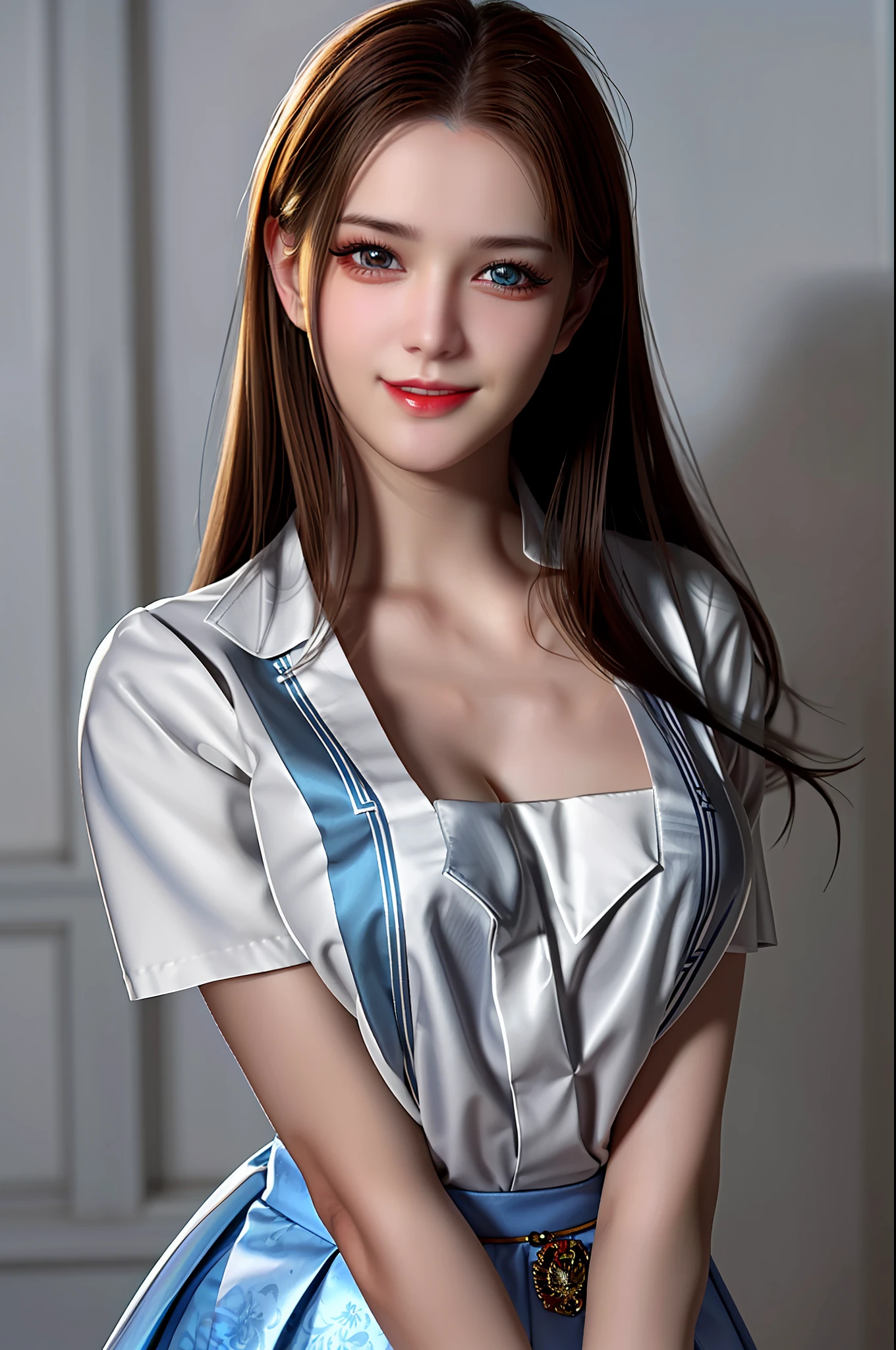 (1girl:2.0), (solo:1.5), (Russian girl:1.9), (anatomically correct:1.3), (upon body from head to thigh:2.0), (arms on hips:1.7), (light smile:1.3), (dimple chin:1.5), (chubby cheeks:1.5), (front opened white shirt:1.7), (grey mini skirt:1.7), (no bra:2.0), (braless:2.0), (slender abs:1.5), (detailed realistic skin:1.3), (extremely detailed realistic caramel hair:1.7), (beautiful realistic hairstyle:1.3), (realistic hair:1.3), (beautiful realistic face:1.3), (beautiful realistic Russian girl face:1.9), (extremely detailed realistic face:1.3), (realistic eyes:1.5), (extremely detailed realistic eyes:1.5), (perfect eyes:1.5), (extremely detailed realistic pupils:1.5), (extremely detailed realistic eyelashes:1.3), (detailed realistic lips:1.3), (beautiful realistic lips:1.3), (realistic medium breasts:1.3), (breast cleavage exposed:1.5), (masterpiece:1.2), (best quality:1.2), (realistic:1.2), photography, Nikon, 85mm, 8k, (sharp focus:1.2), (high resolution:1.2), (ultra-detailed:1.2),
