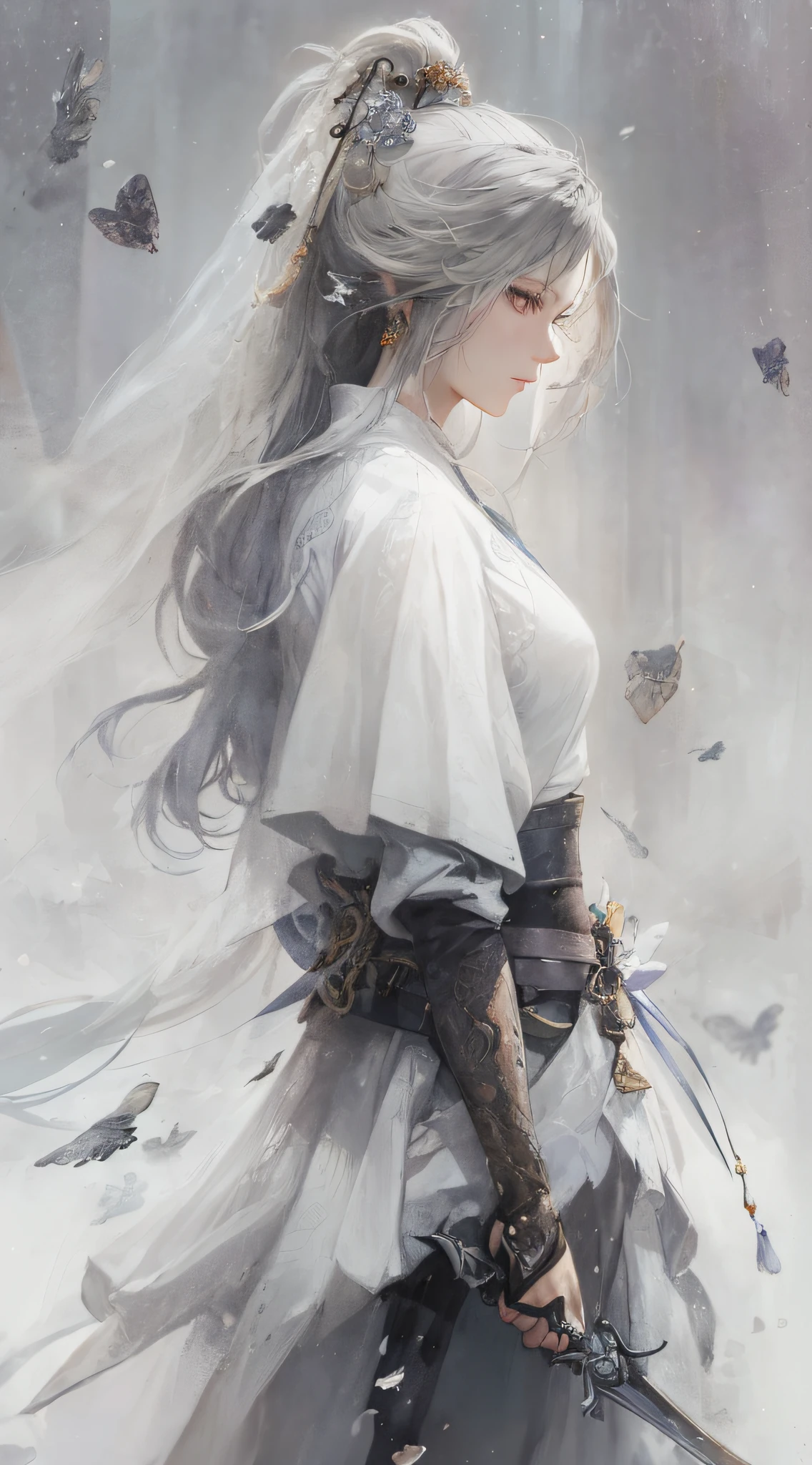 Close-up of a woman in a white dress holding a sword,a character portrait by Yang J,The popularity of CGsociety,Fantasyart,beautiful character painting,Guviz-style artwork,Guvitz,white hanfu,flowing white robe,full body wuxia,epic and beautifully crafted character art,stunning character art,Beautiful male assassin