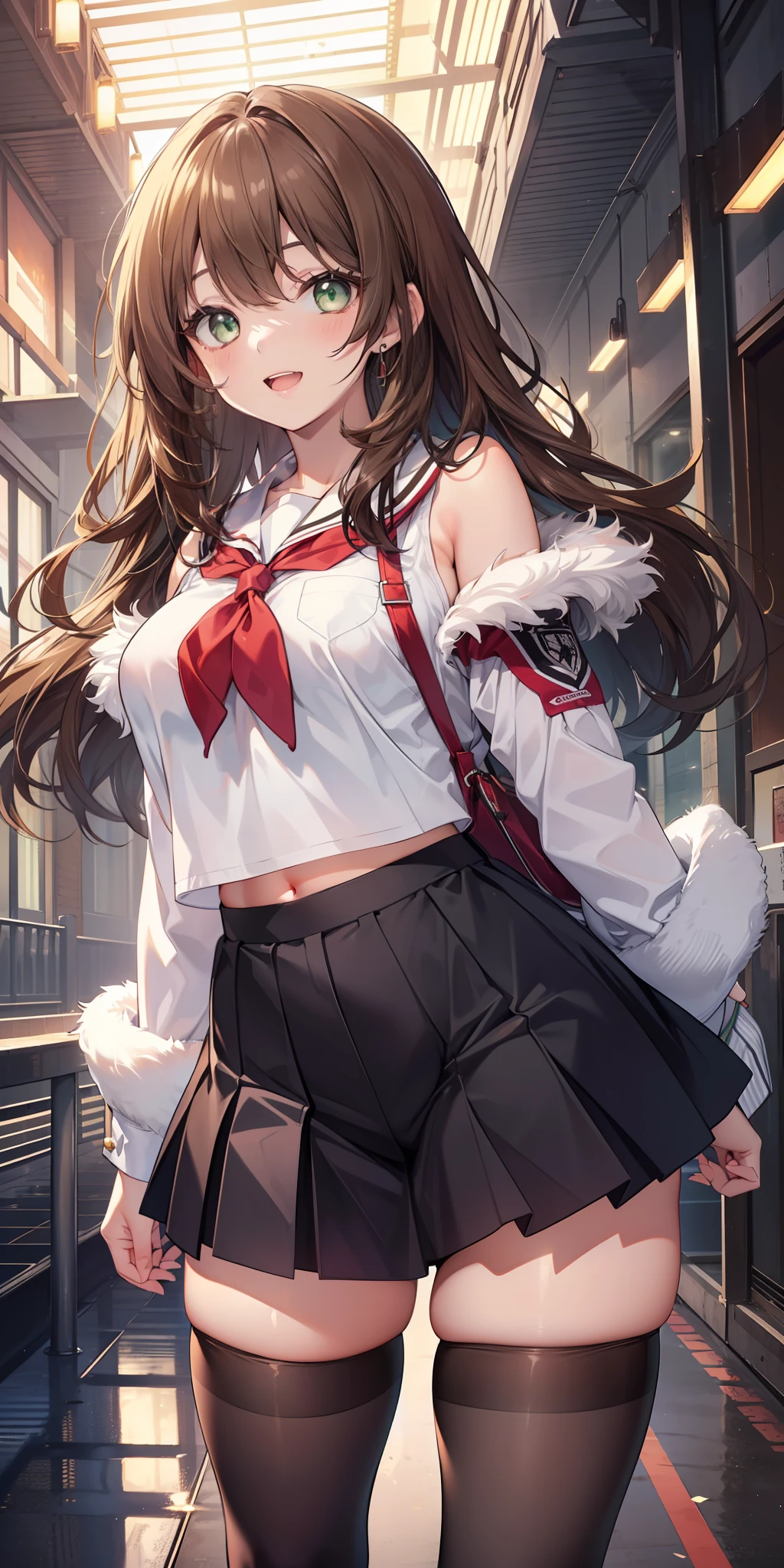 ((masterpiece)), ((best quality)), ((anime profile style)), ((HD 4k)), ((female character)), ((High school girl)), ((Body cute)) , girl, female face, Happy, smiling, open mouth, teeth showing, unkempt lips, ((tanned skin)), brunette, ((Light green eyes)), Eyelid, Pupil, Sclera, Iris, eyebrow , eyelashes , ear, nose, ((fur)), ((long brown hair)), ((hairlights effect)), ((niigata school uniform)), (tights), school shoe, ((effect of lights on clothing)), ((lights effect on body)), neck, shoulders, (thin waist), ((perfect tummy)), arms, ((thick legs)), ((big thigh)), History of Background, ((walking)), details in environment, surrounding objects, ((lighting)), viewer view