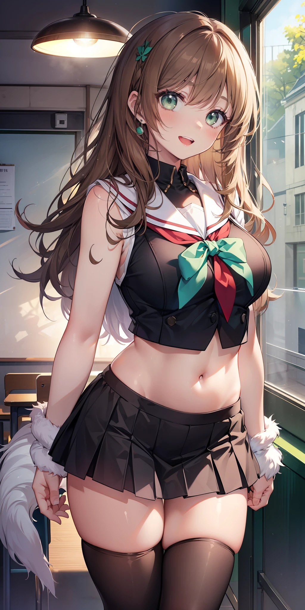 ((masterpiece)), ((best quality)), ((anime profile style)), ((HD 4k)), ((female character)), ((High school girl)), ((Body cute)) , girl, female face, Happy, smiling, open mouth, teeth showing, unkempt lips, ((tanned skin)), brunette, ((Light green eyes)), Eyelid, Pupil, Sclera, Iris, eyebrow , eyelashes , ear, nose, ((fur)), ((long brown hair)), ((hairlights effect)), ((niigata school uniform)), (tights), school shoe, ((effect of lights on clothing)), ((lights effect on body)), neck, shoulders, (thin waist), ((perfect tummy)), arms, ((thick legs)), ((big thigh)), History of Background, ((walking)), details in environment, surrounding objects, ((lighting)), viewer view