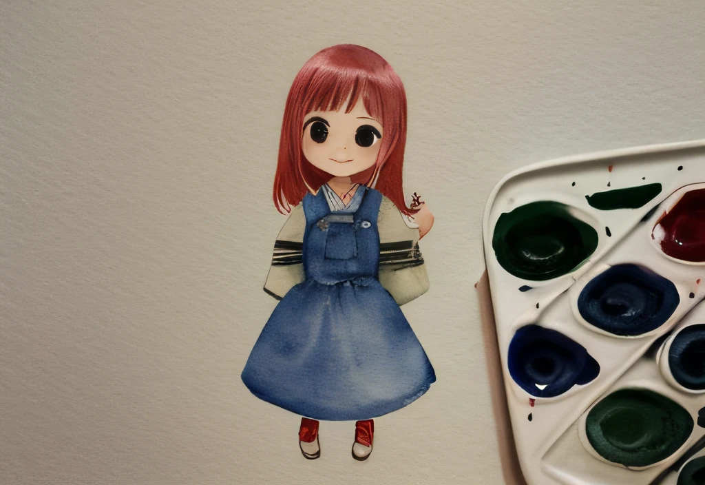 watercolor painting, a girl, japan, chibi, big head, small body, full body, cute girl, active, smile