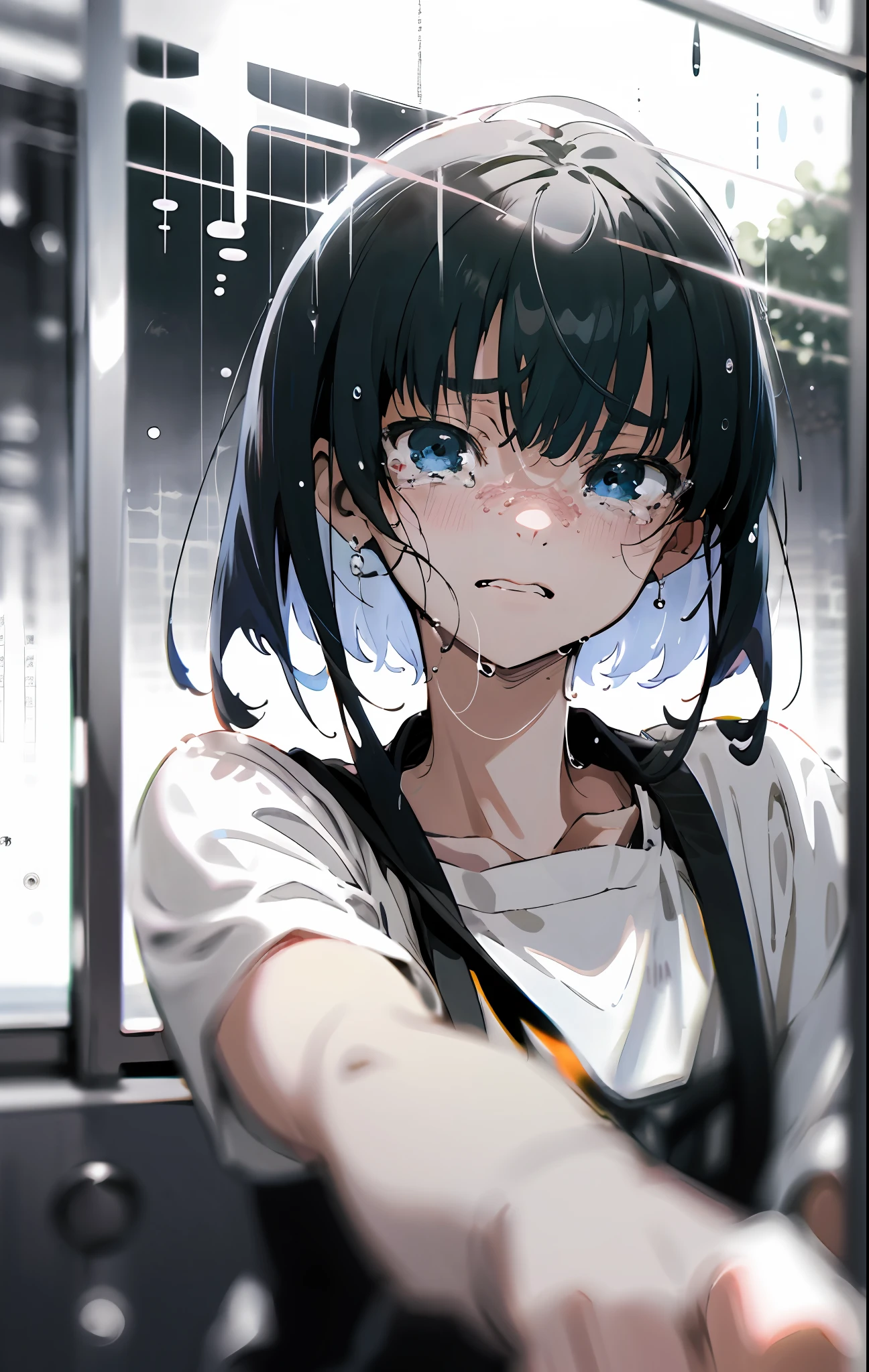 Black-haired anime shoujo looks out the window, lain serial experiments, lain, close up of lain iwakura, Anime style mixed with Fujifilm, black and white manga style, a heavy rain, black and white manga panel, tears dripping from the eyes, serial experiments lain, tears running down face