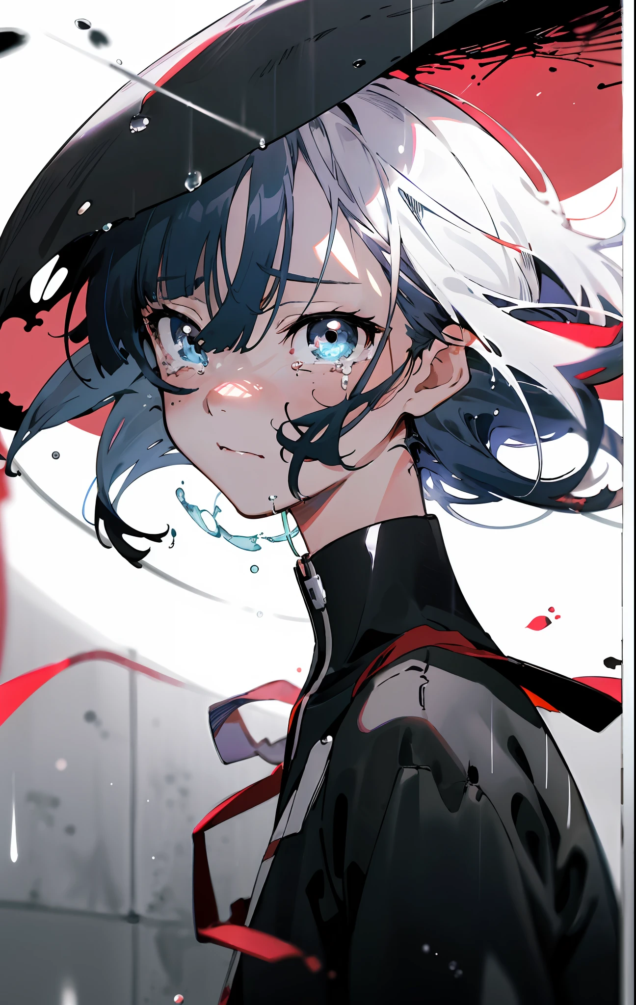 Black-haired anime shoujo looks out the window, lain serial experiments, lain, close up of lain iwakura, Anime style mixed with Fujifilm, black and white manga style, a heavy rain, black and white manga panel, tears dripping from the eyes, serial experiments lain, tears running down face