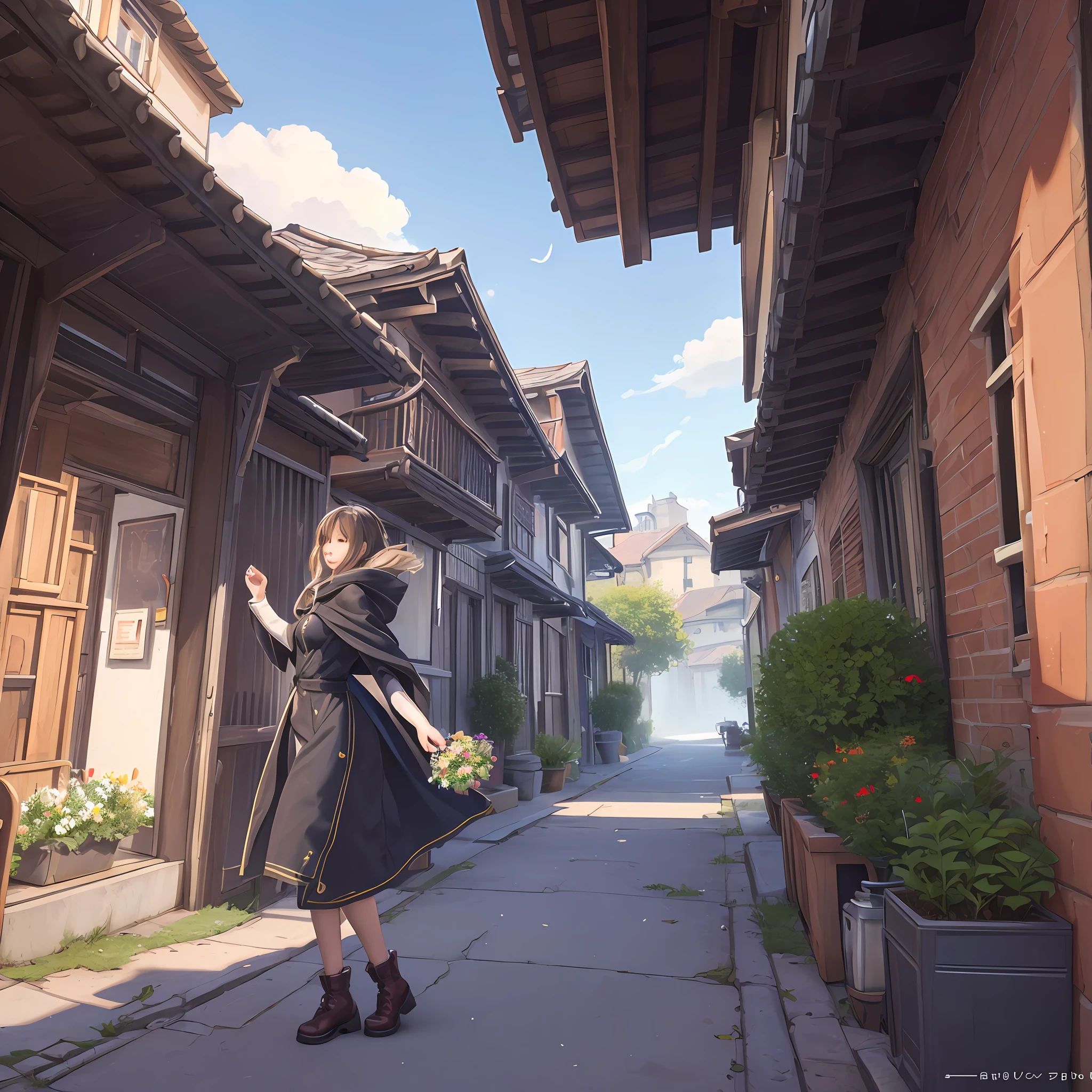 Computer Extensive Landscape Photography,    Hyper-realistic textures,” “Precise details,” “Realistic still life,” “Realistic portraits,” “Realistic landscapes.” (general view, on which you can see the sun, The sky in, The wind blows the leaves and the alley, slums, The wind whirls the leaves), Girl detailing appearance (dark hair) in an old cloak and hood, jumps to the top , dynamicpose, catches leaves, running down the alley and looking up + 1 elderly woman, in an old knee-length dress, In old footwear, The girl is in trouble, Dynamic motion, dynamic movement, dinamic angle, alleyway, wicket, fence, Cloud & woods, (flower field: 1.4) In the foreground, gray cloak, Light tracing, (Floating colorful wind: 1) (photo-realistic: 1.4), offcial art, Unity 8k壁纸, Ultra-detailed, Beautiful and aesthetically pleasing, ​masterpiece, beste-Qualit, --auto