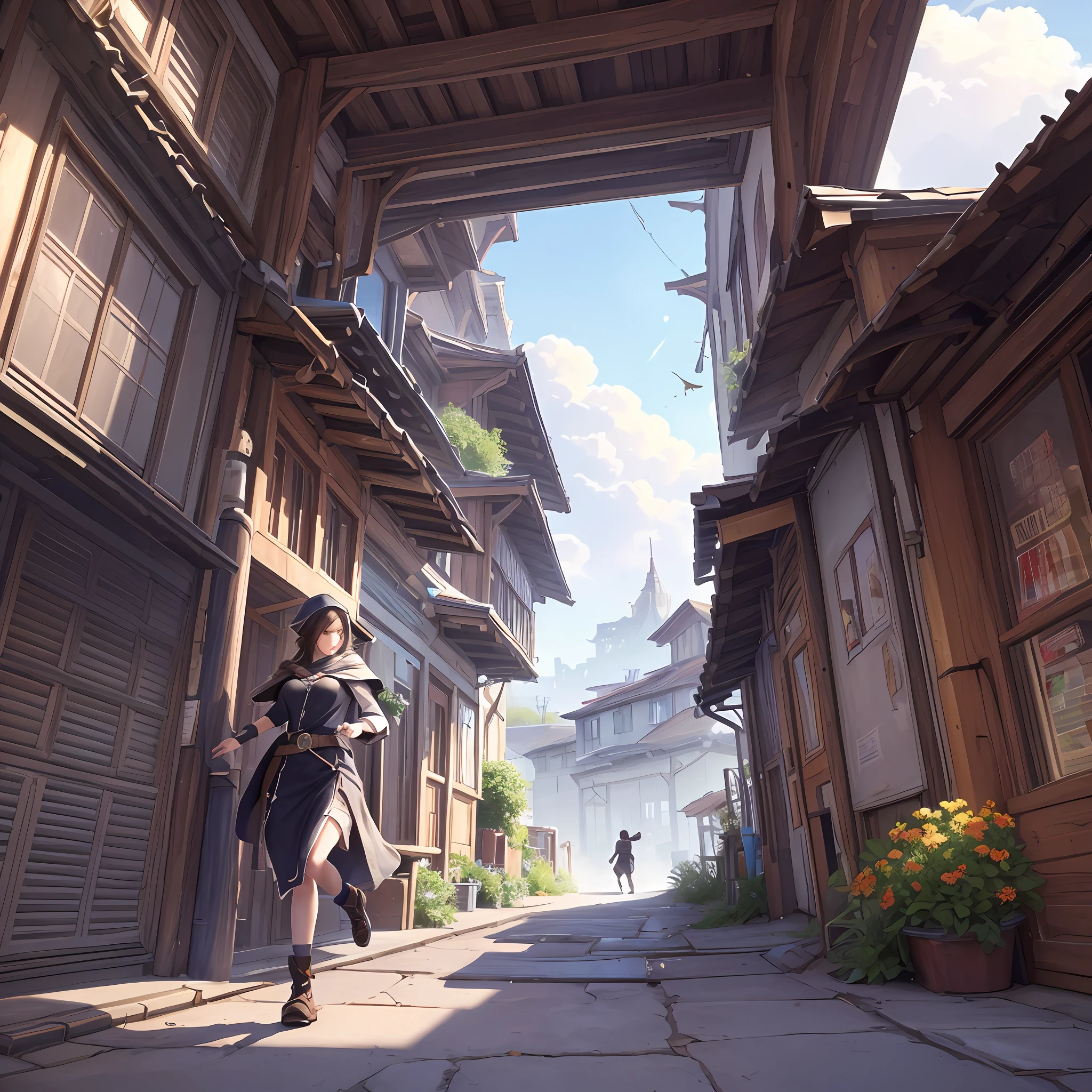 Computer Extensive Landscape Photography,    Hyper-realistic textures,” “Precise details,” “Realistic still life,” “Realistic portraits,” “Realistic landscapes.” (general view, on which you can see the sun, The sky in, The wind blows the leaves and the alley, slums, The wind whirls the leaves), Girl detailing appearance (dark hair) in an old cloak and hood, jumps to the top , dynamicpose, catches leaves, running down the alley and looking up + 1 elderly woman, in an old knee-length dress, In old footwear, The girl is in trouble, Dynamic motion, dynamic movement, dinamic angle, alleyway, wicket, fence, Cloud & woods, (flower field: 1.4) In the foreground, gray cloak, Light tracing, (Floating colorful wind: 1) (photo-realistic: 1.4), offcial art, Unity 8k壁纸, Ultra-detailed, Beautiful and aesthetically pleasing, ​masterpiece, beste-Qualit, --auto