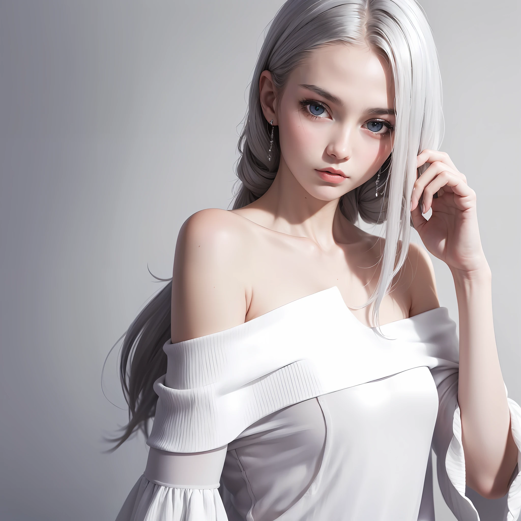 (​masterpiece,beste-Qualit,in 8K,Raw photo, best quarity, masutepiece:1.2)(a white background)、simple background、Delicat eyes、has silver hair、purple-eyed、Hair_ornament detached、(White off-the-shoulder shirt:1.3)、length hair、shairband_Braids、deadpan、straight haired