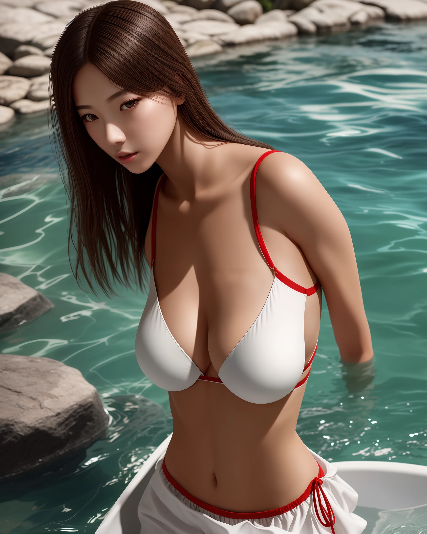 modelshoot style close up, (extremely detailed CG Unity 8k wallpapers), most beautiful artwork photo in the world, (Beautiful girl, Slim figure, fit body, petty face, smallunderboob, A dress without suspenders,No clothes can be seen on the water), Nice face, Messy hair、shiny skins、Except for the head,shoulder,The upper chest is in the water、professionally lit、photon maping、radiosity、physically-based renderingt、cinmatic lighting、intricated、hoog detail、sharp fokus、dramatics、真实感、exteriors、tussock,brook