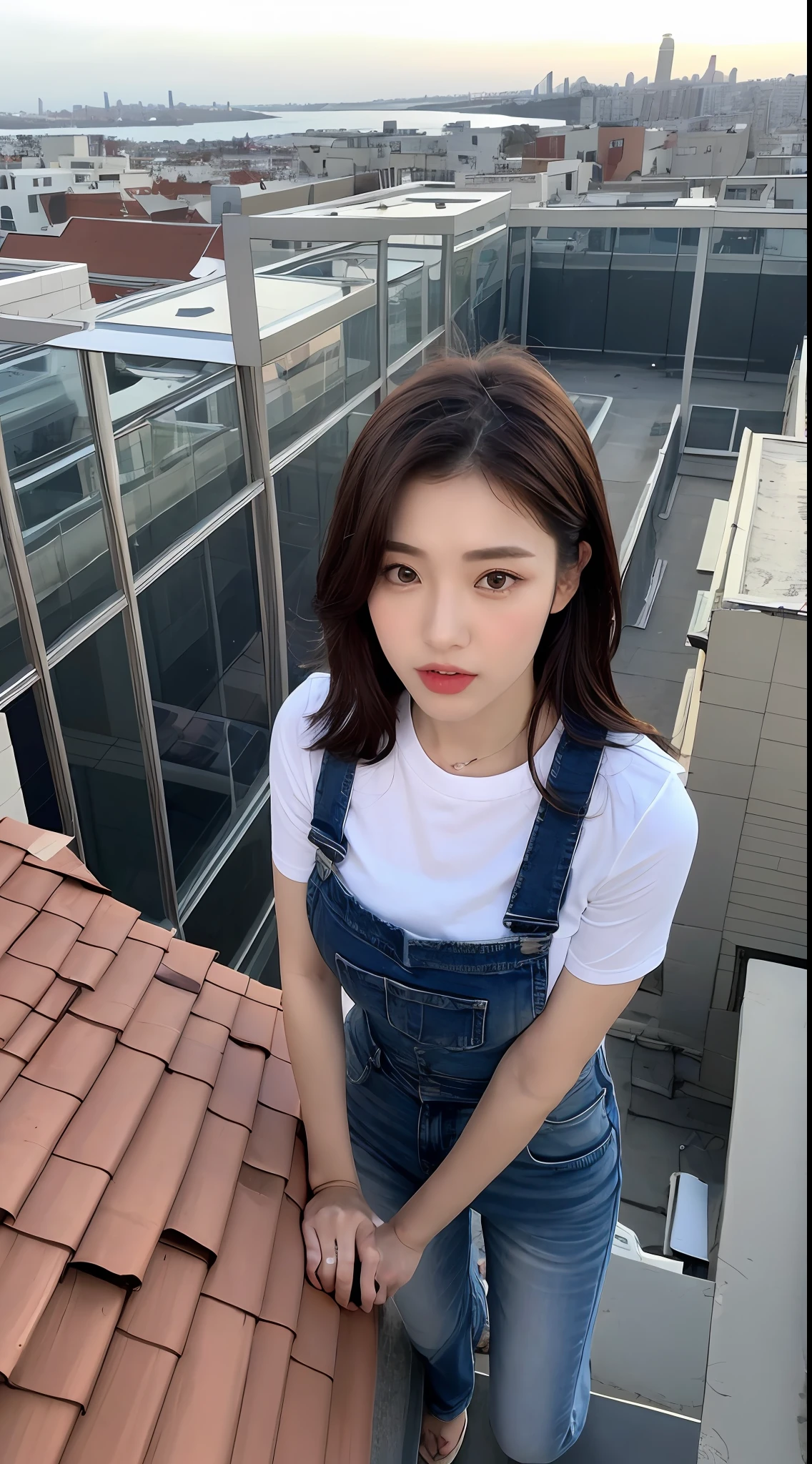 ((Midnight, Best Quality, 8k, Masterpiece: 1.3)), Full Body, Long Legs, Sharp Focus: 1.2, Pretty Women with Perfect Figure: 1.4, Slender Abs: 1.1, ((Dark Brown Hair)), (White Tight T-Shirt, Jean Bib, Standing:1.2), ((Night City View, Rooftop:1.3)), Highly Detailed Face and Skin Texture, Detailed Eyes, Double Eyelids