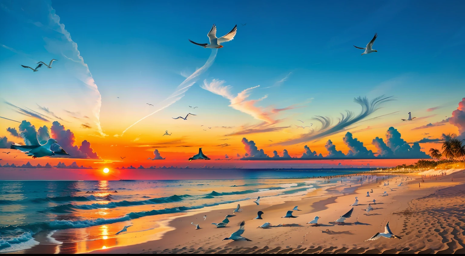Oranges, pinks and yellows blend together to fill the sky, and the sunset over the beach is truly mesmerizing. The crystal clear waters gently kiss the coast, and the white sand beach stretches out endlessly. It's a dynamic and breathtaking scene with seagulls soaring high into the sky and palm trees gently swaying. Take in the calm atmosphere and peace will wash you away.