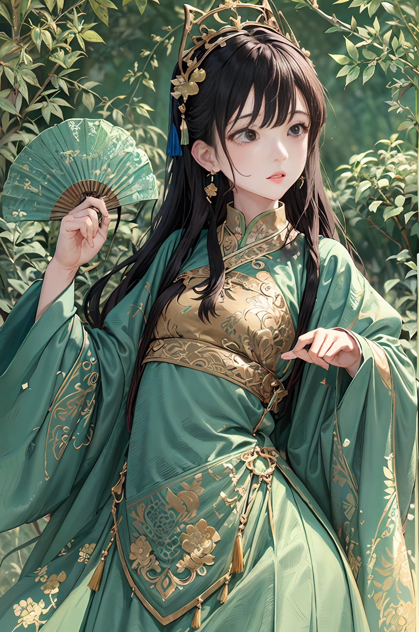 The connection between the skeleton and the fan surface of the folding fan is clear, reasonable and normal,The pale bamboo-leaf-like blue fan has a golden auspicious cloud pattern
