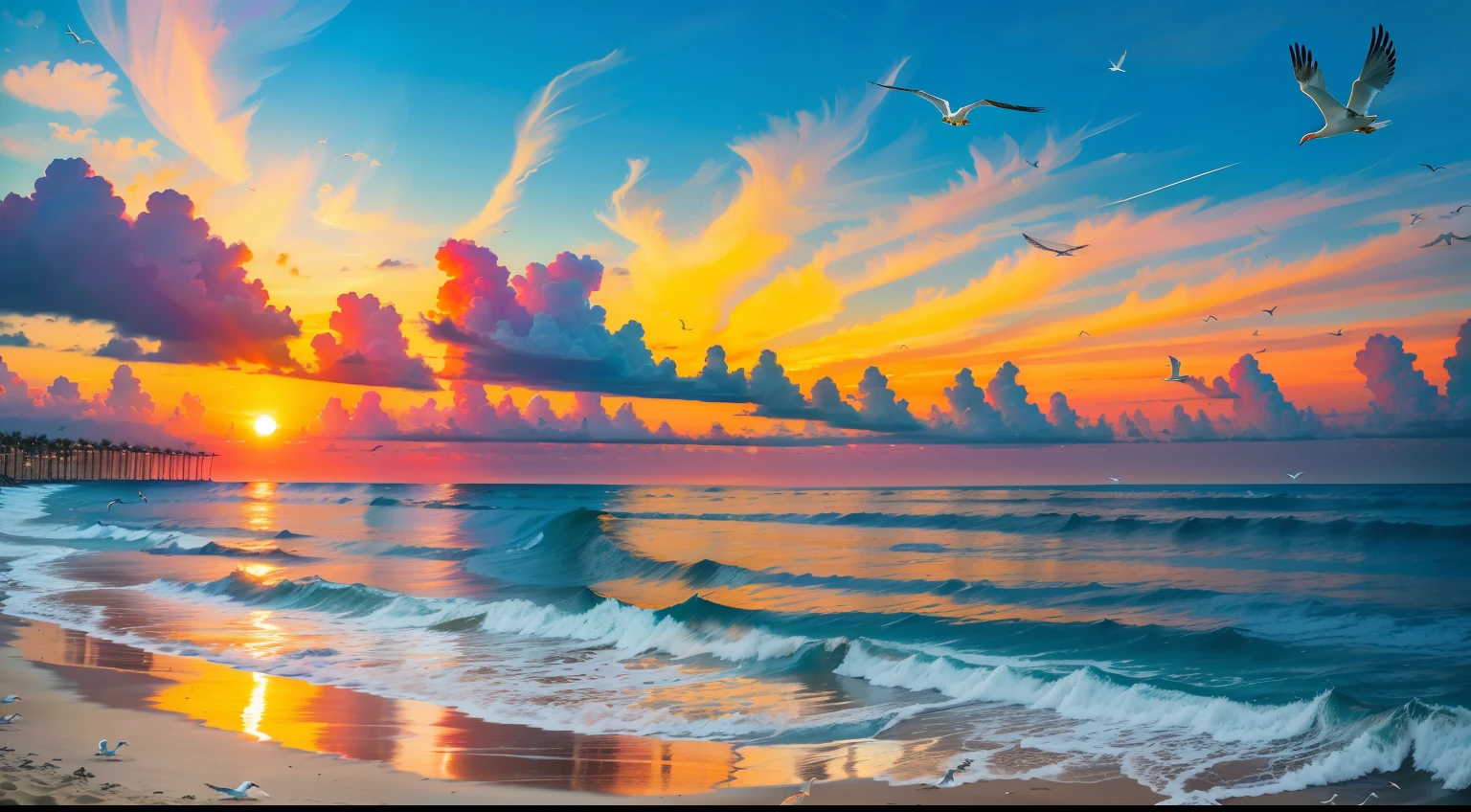 Oranges, pinks and yellows blend together to fill the sky, and the sunset over the beach is truly mesmerizing. The crystal clear waters gently kiss the coast, and the white sand beach stretches out endlessly. It's a dynamic and breathtaking scene with seagulls soaring high into the sky and palm trees gently swaying. Take in the calm atmosphere and peace will wash you away.