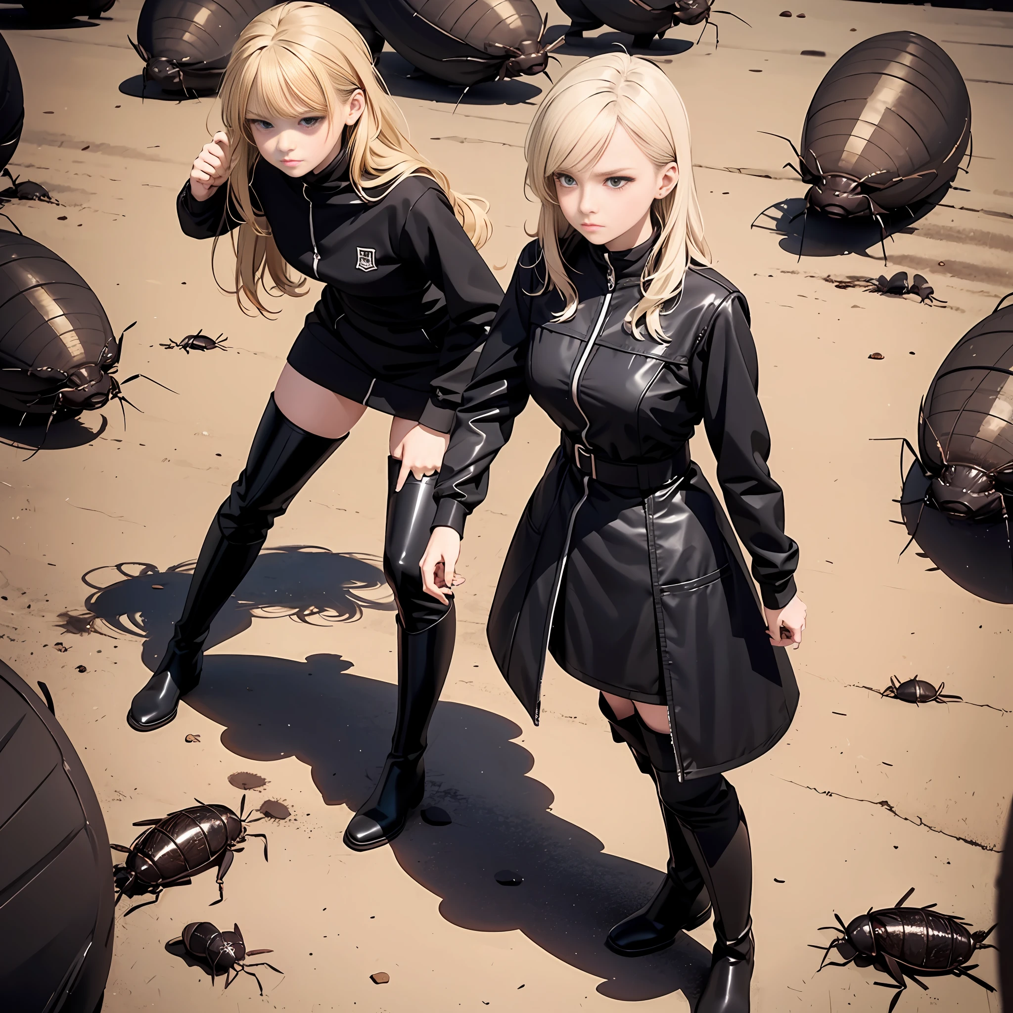 (High-quality depiction+Detailed description)Beautiful blonde girl standing up wearing black rubber riding boots、The face looks sullen。Fighting virtual cockroaches、The ground is littered with a large amount of cockroaches。(rubber riding boots+faces+negative emotion) (cockroach+majority+trample)
