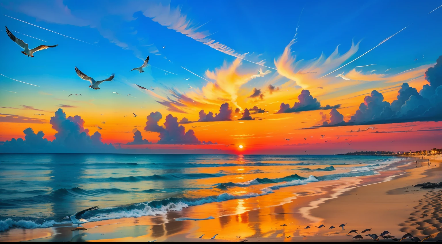 Oranges, pinks and yellows blend together to fill the sky, and the sunset over the beach is truly mesmerizing. The crystal clear waters gently kiss the coast, and the white sand beach stretches out endlessly. It's a dynamic and breathtaking scene with seagulls soaring high into the sky and palm trees gently swaying. Take in the calm atmosphere and peace will wash you away.