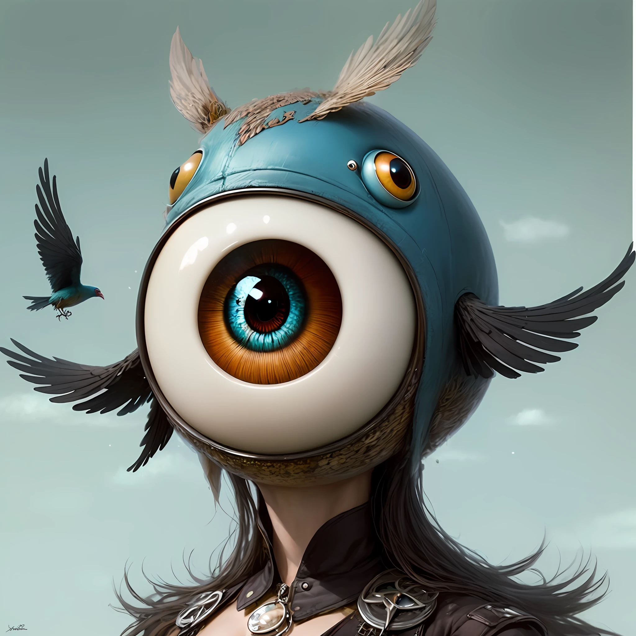 there is a picture of a bird with a big eye on a small island, Naoto Hattori, arte digital detalhada bonito, surreal + altamente detalhado, Jean-Sebastien Rossbach, Naotto Hattori, Arte surreal e fantasiosa, Beeple e Jeremias Ketner, Surrealismo pop estilo de arte lowbrow, Surrealismo pop lowbrow, arte detalhada bonito, Surrealismo pop