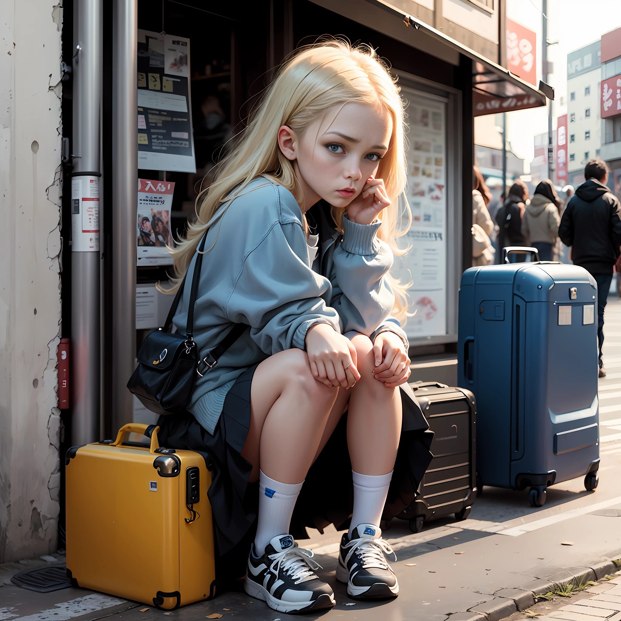 s girl,Long sleeves cover hands,whaite hair,blue eyess,short stature,saddened,A skirt supplemented by white and blue,Broken bass,exteriors,In the daytime,Squat,street japan --auto