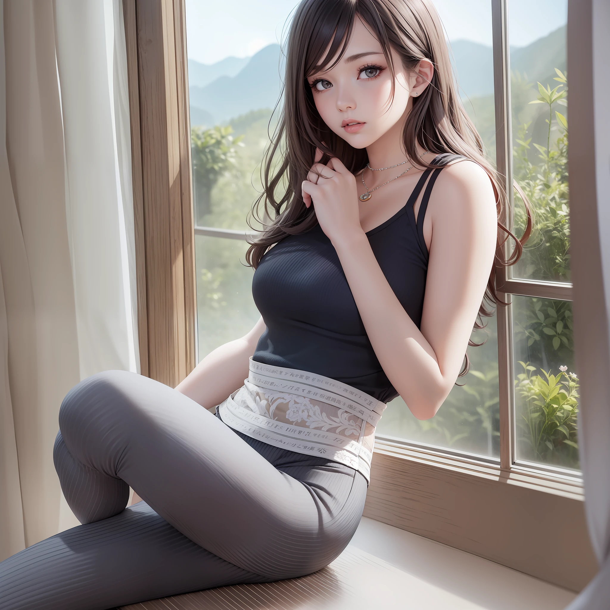 Brown windows with white edges,The windows are open,Outside the window is a large tea plantation,Frame structure,In front of the window is a delicate dining table and tea set,Rural China,32K UHD,Precise lines,silver andgreen,Idyllic, A beautiful girl with exquisite real life,Long black curly hair is extremely delicate and has straight features,Peerless beautiful girl,,Sleeveless suspender red top,Black Jeans,serious look,softness,dreamlike quality,light white and dark brown,Exaggerated facial features,solidcolor,Frank off-white,super reality,Blue gemstone necklace,ultraclear,Beautiful young girl,Cute and lively,Extra-short leggings,The background is by the window,facing at camera